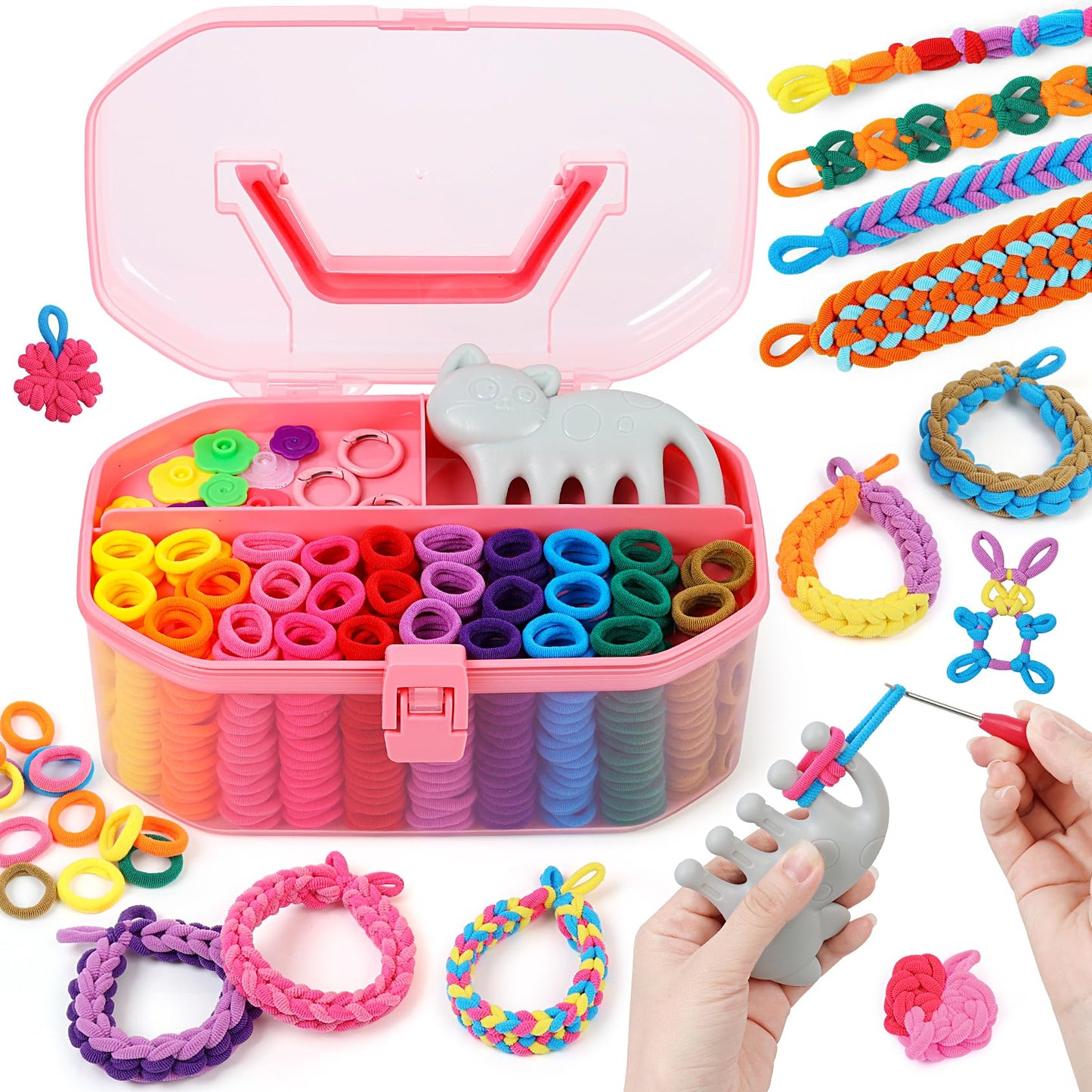 FUNiOi Kids Art and Craft Kit, Rubber Band Bracelet Make Toy, Cat Weaving Comb, 1000+ Colorful Hair Ties, DIY, Organizer Case, Gift for Girls 7-12