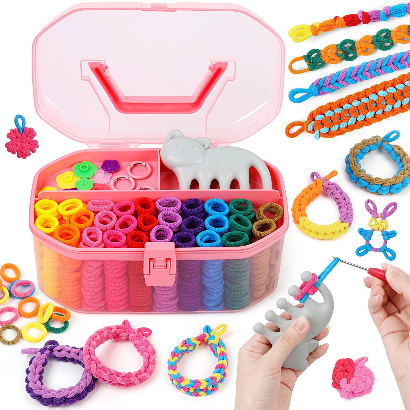 FUNiOi Kids Art and Craft Kit, Rubber Band Bracelet Make Toy, Cat Weaving Comb, 1000+ Colorful Hair Ties, DIY, Organizer Case, Gift for Girls 7-12