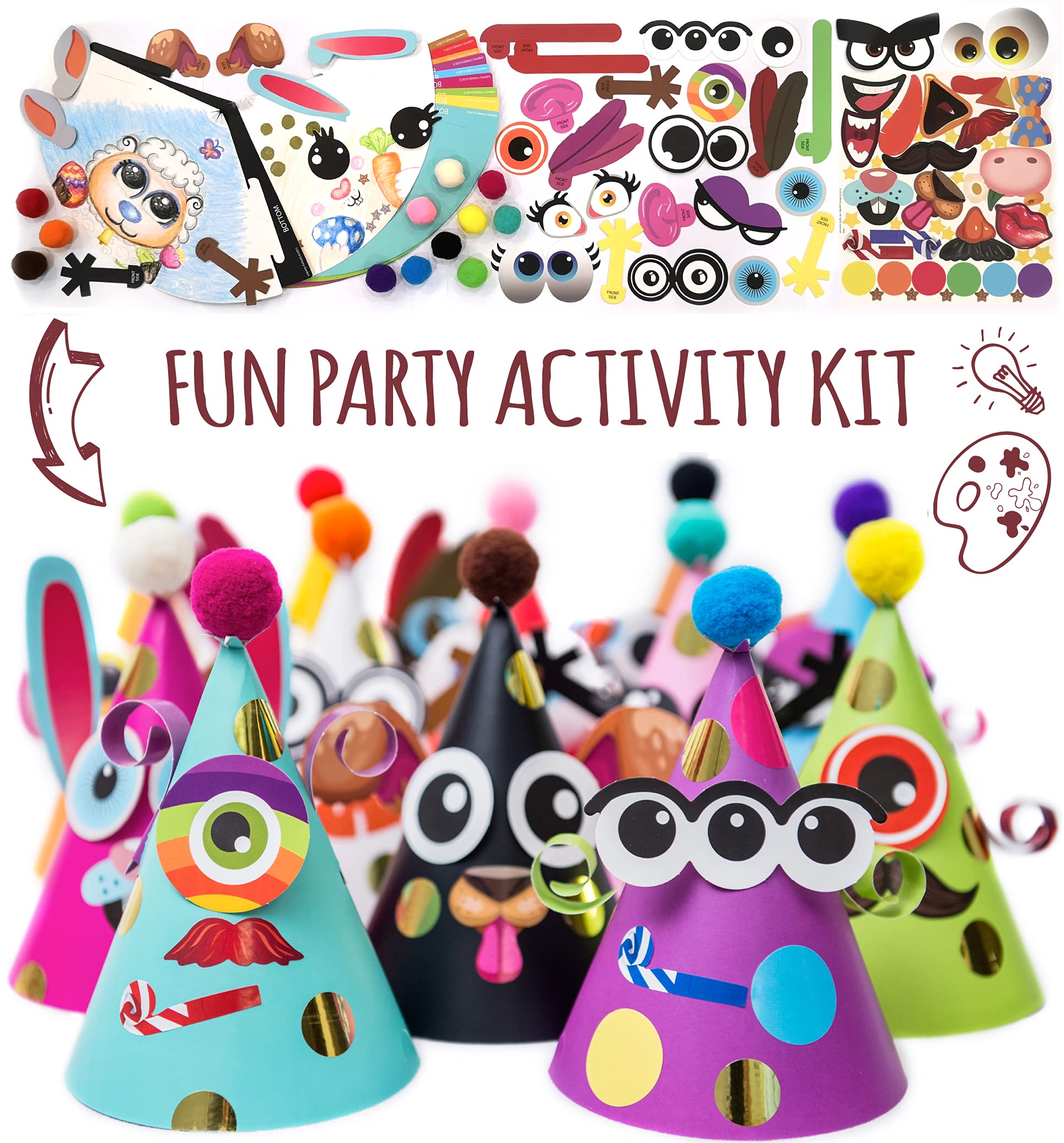 Glittery Garden Party Hats for Kids Art & Craft. Fun Birthday Activity Kit with Stickers. Animal Theme Party Favor, Game Supplies. Christmas