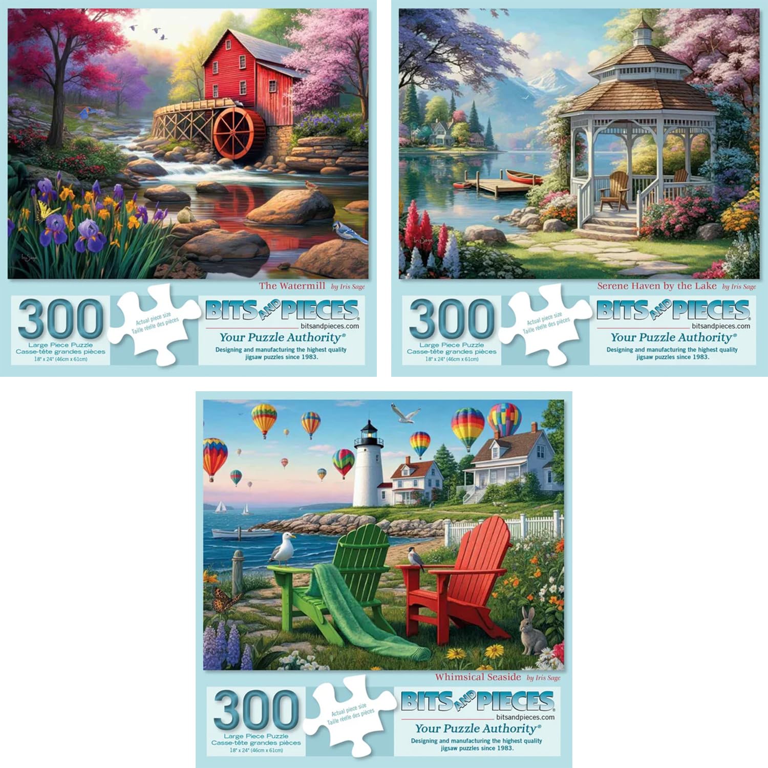 Bits and Pieces 300 Piece Puzzles for Adults Peaceful Waterside Puzzle 3-Pack - 300 Large Pieces 18" x 24" Jigsaw Puzzles, Iris Sage, No 2 Pieces