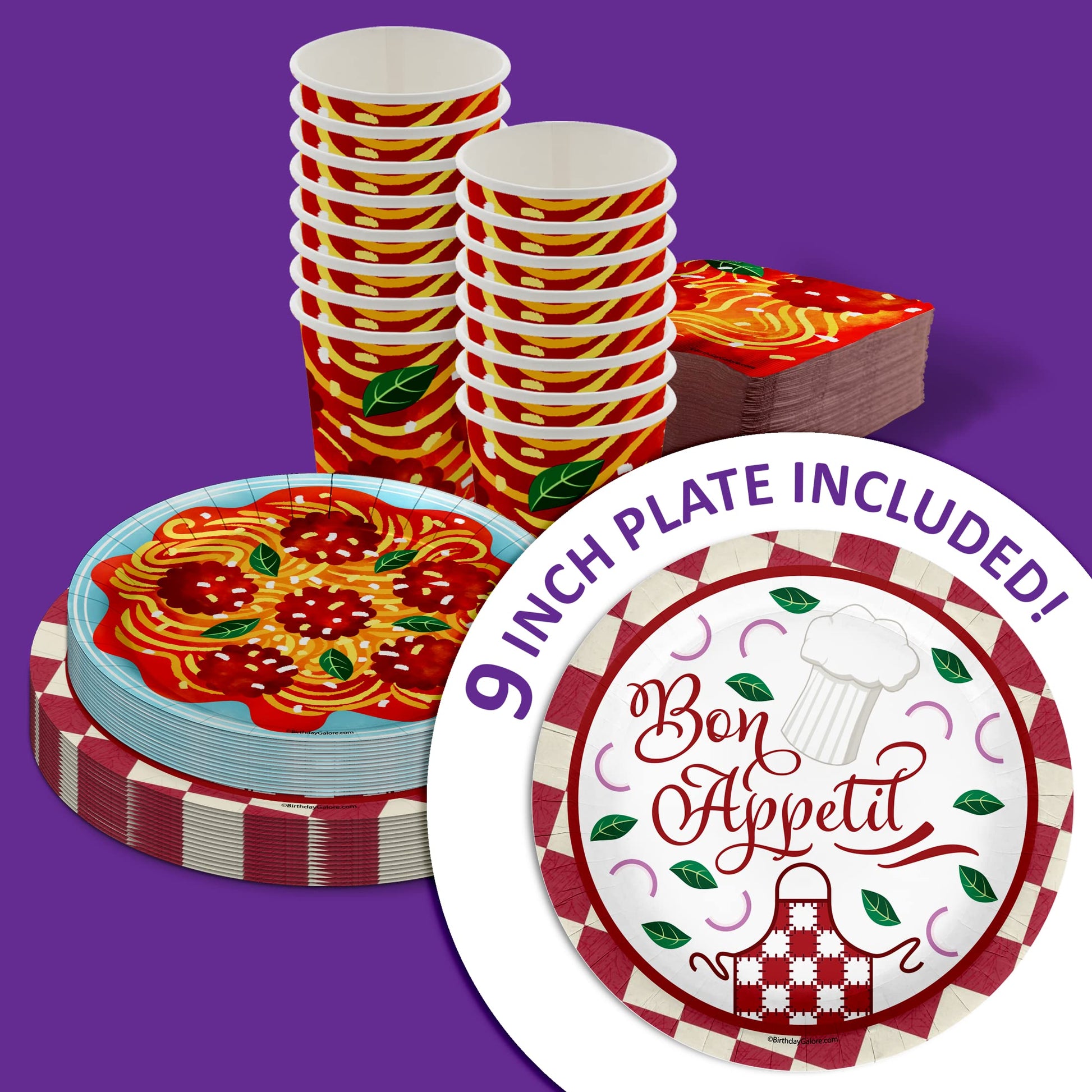Birthday Galore Spaghetti & Meatballs Themed Party Supplies for Kids and Adults - 64 Pieces Colorful & Fun Bon Appétit Tableware Disposable Set