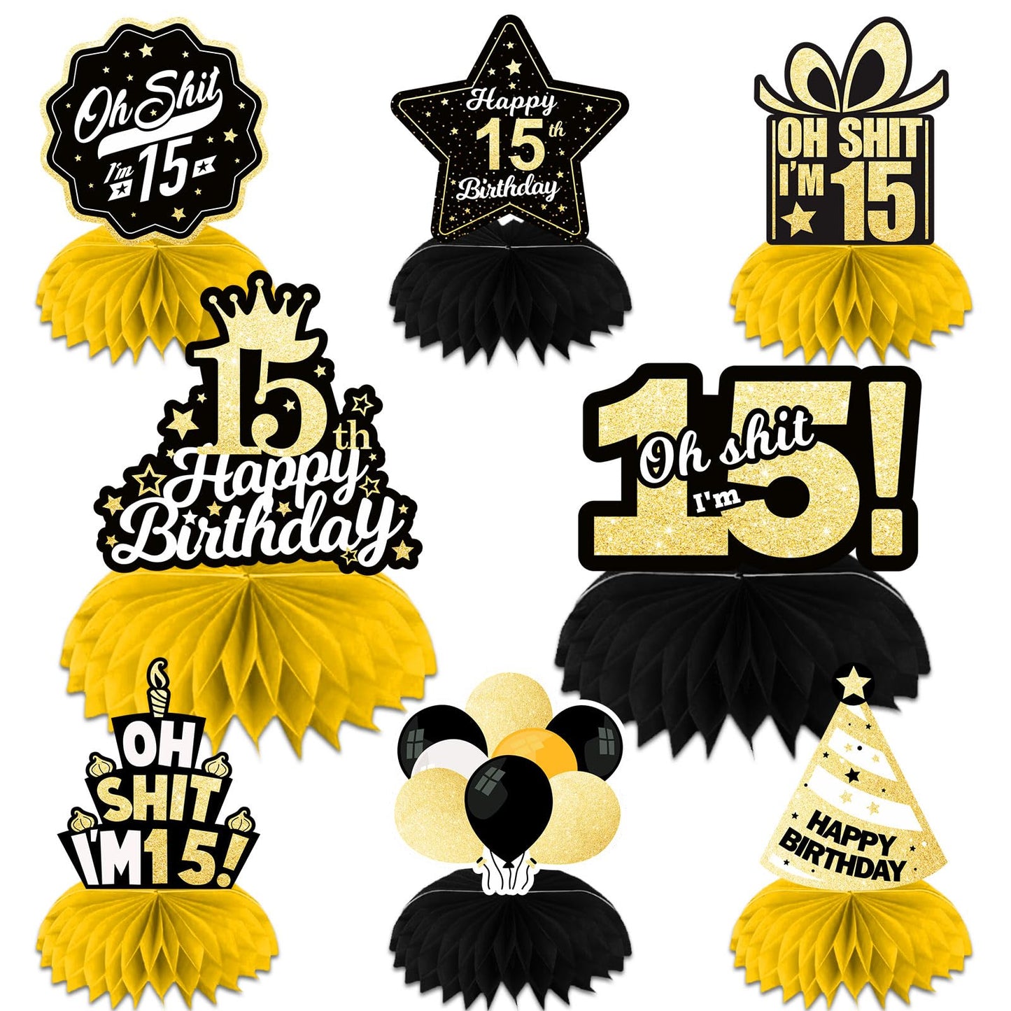 Oh S*it I’m 15 Happy 15th Birthday Honeycomb Centerpieces Balloons Confetti Theme Table Toppers Hello 15 Table Decorations Funny Birthday Decor