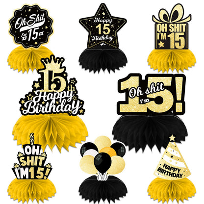 Oh S*it I’m 15 Happy 15th Birthday Honeycomb Centerpieces Balloons Confetti Theme Table Toppers Hello 15 Table Decorations Funny Birthday Decor
