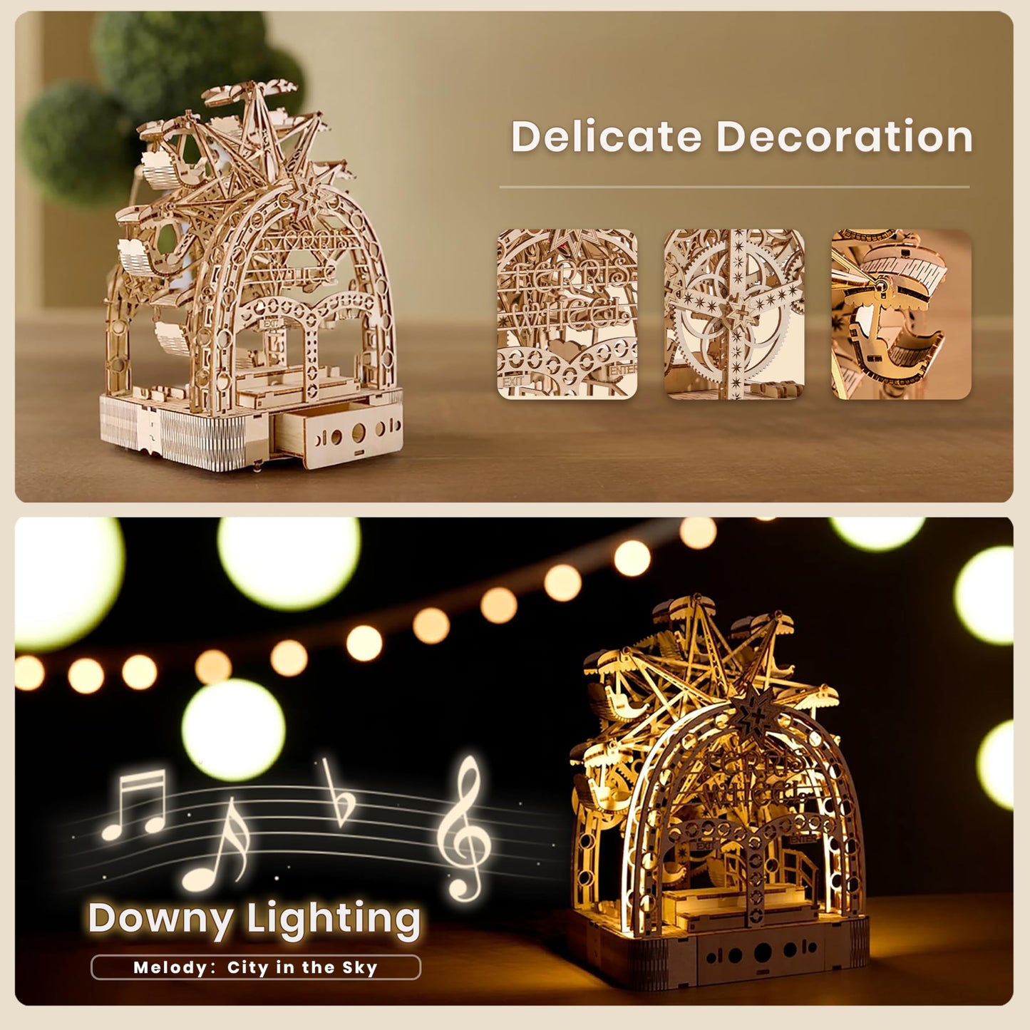Uplike 3D Wooden Puzzles for Adults: 3D Puzzle Light-Up Ferris Wheel with Music Box - 222psc Wooden Puzzles Model Building Kits Fun Gifts for Adult