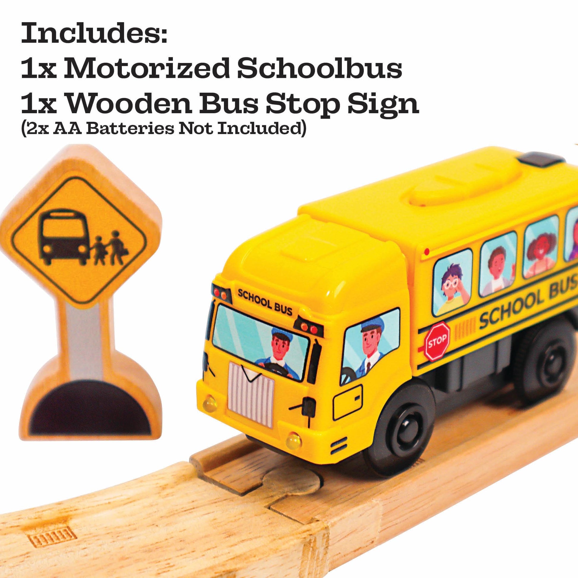 Motorized School Bus for Wooden Track - Yellow Schoolbus Themed Battery Operated - Includes Wooden Bus Stop Sign - Electric Powered Engine Toy