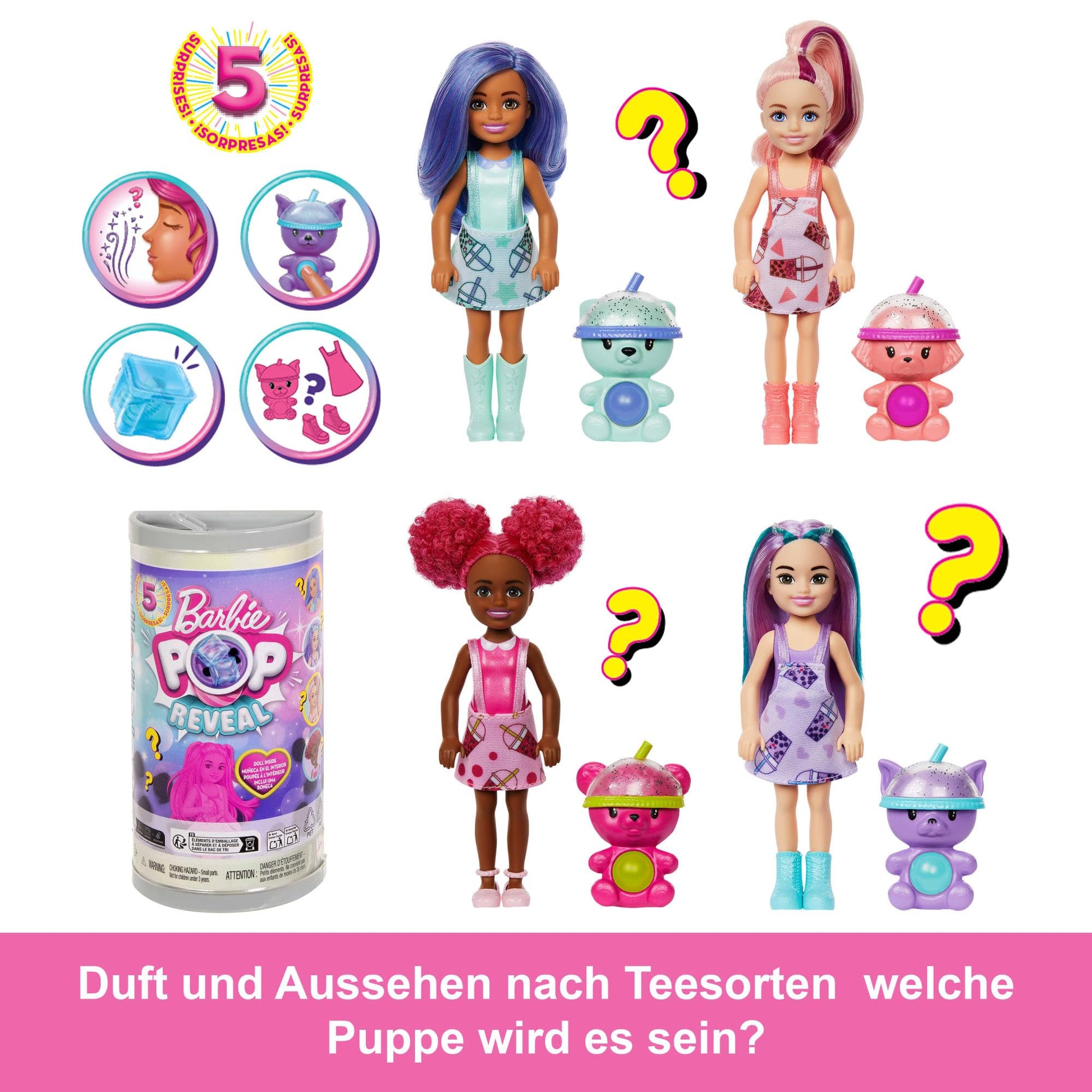 Barbie Chelsea Pop Reveal Bubble Tea Series Set with Themed Package & 5 Surprises Including Scented Small Doll & Pop-It Pet (Styles May Vary)