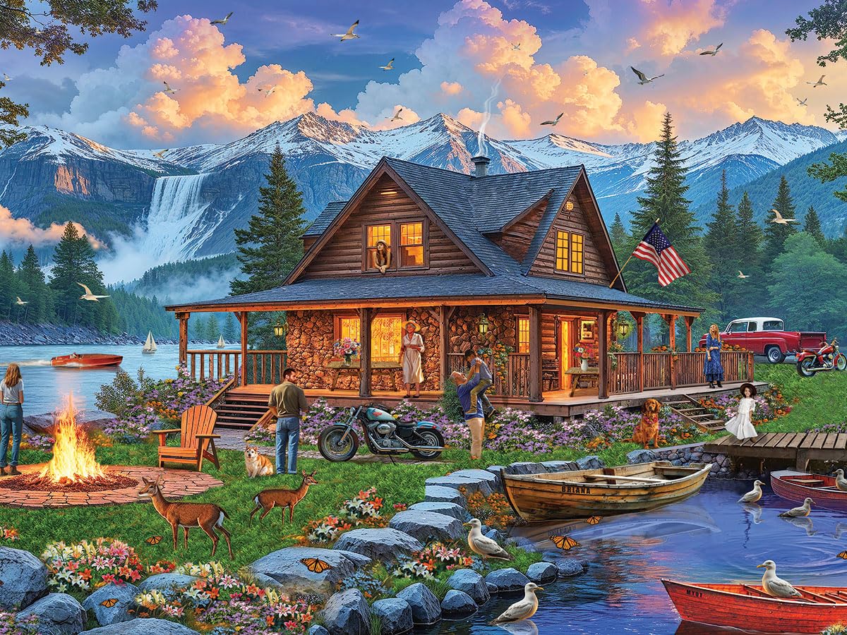 White Mountain 500 Piece Jigsaw Puzzle Spring Scenic Lake, Cabin Retreat