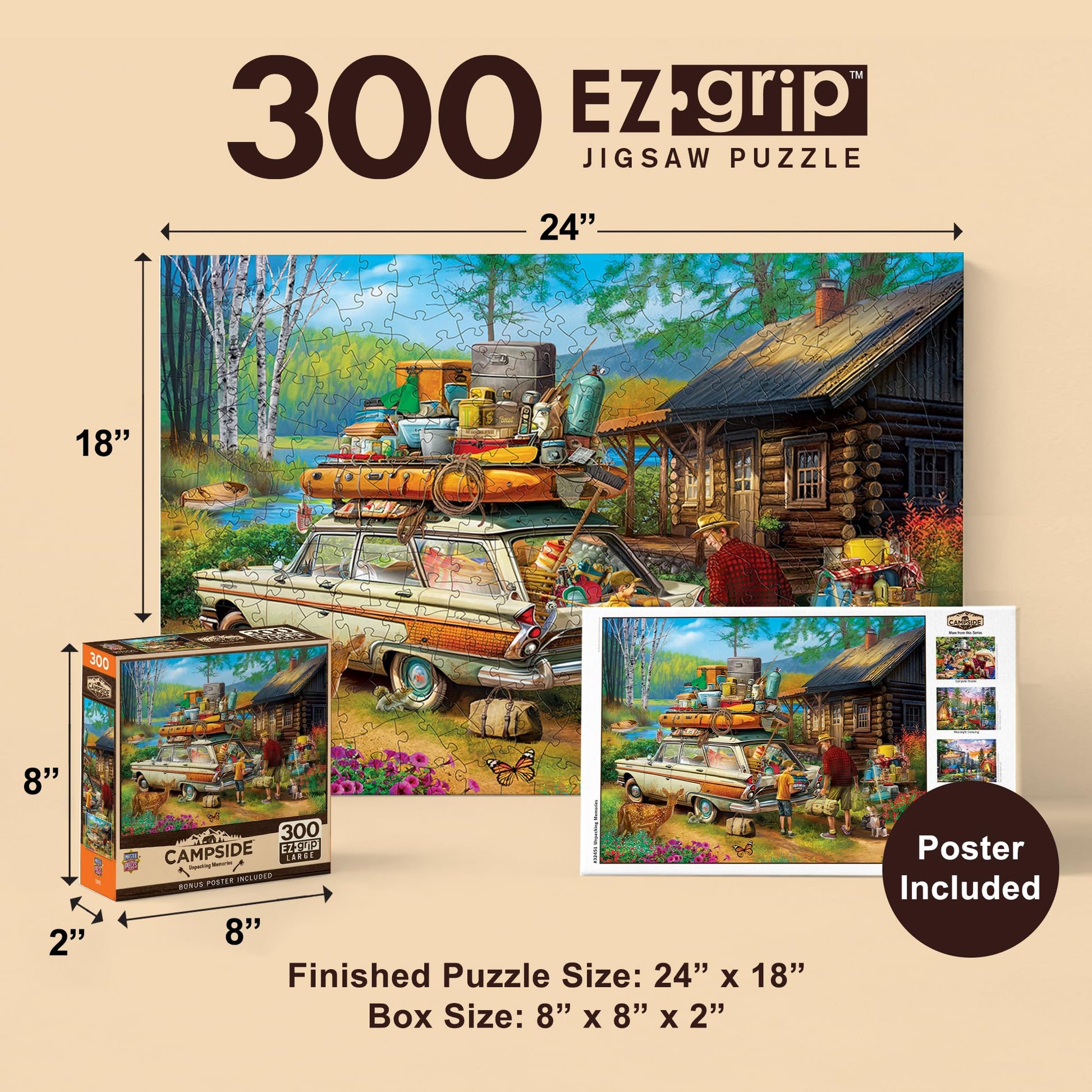 MasterPieces 300 Piece EZ Grip Jigsaw Puzzle - Unpacking Memories - Large Pieces for Adults & Family, 18" x 24", Retro Summer Cabin Theme