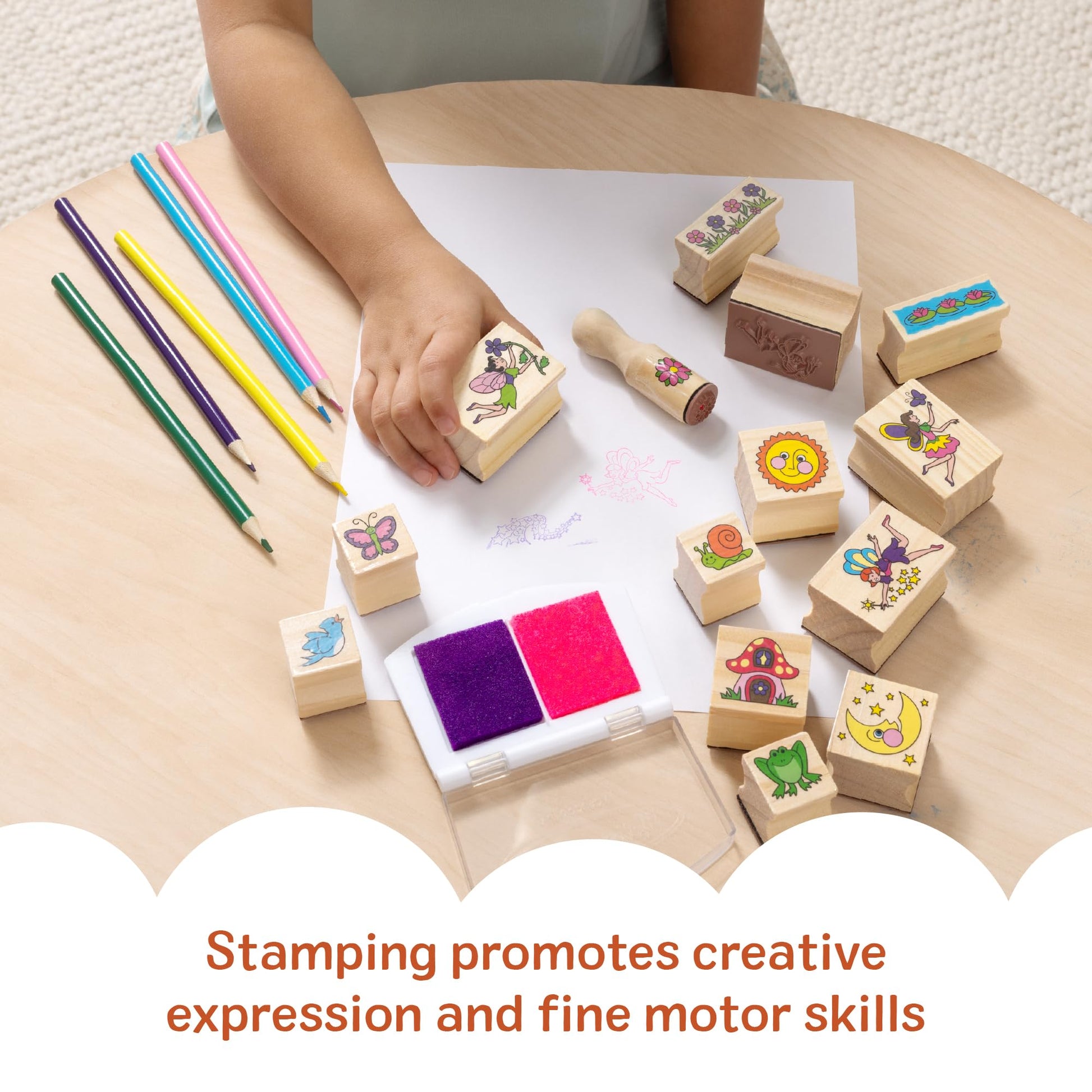 Melissa & Doug Stamp-a-Scene Stamp Pad: Fairy Garden - 20 Wooden Stamps, 5 Colored Pencils, and 2-Color Stamp Pad