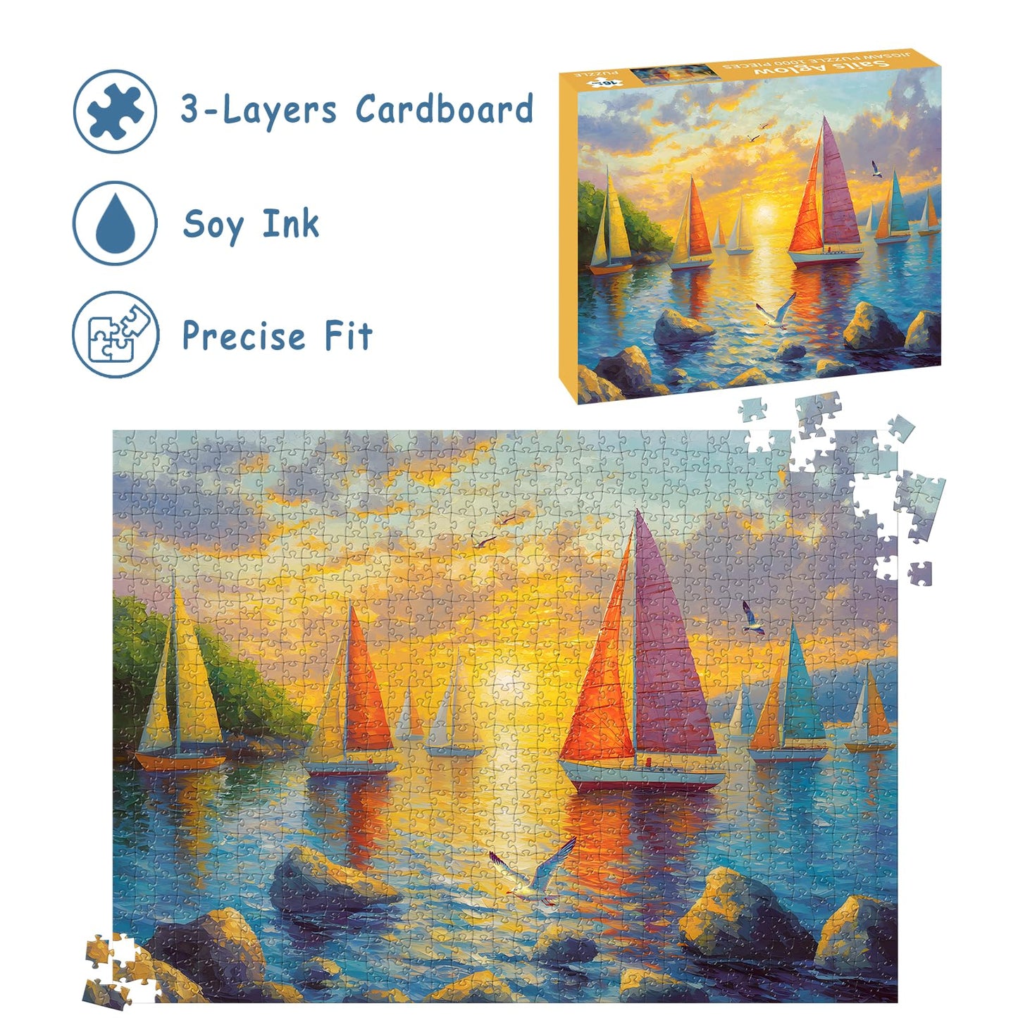 Puzzles for Adults 1000 Pieces, Ocean Sunset Sailing Jigsaw Puzzles 1000 Pieces - Sails Aglow, Summer Decor Impossible Puzzle, Finished Size 27.56 *