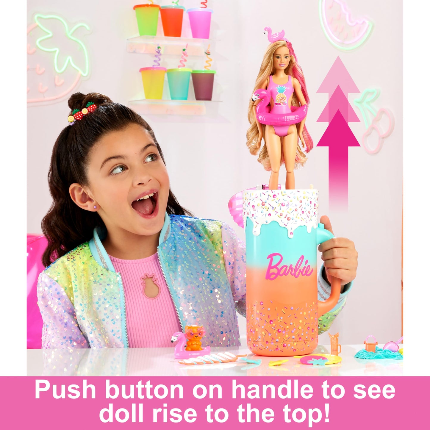Barbie Pop Reveal Doll & Accessories, Rise & Surprise Fruit Series Gift Set with Scented Doll & Squishy Pet, Color Change, Moldable Sand & More, 15+