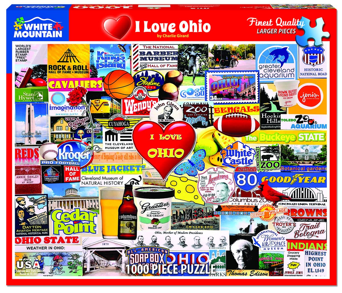 White Mountain 1000 Piece Jigsaw Puzzle Buckeye State Icons, I Love Ohio