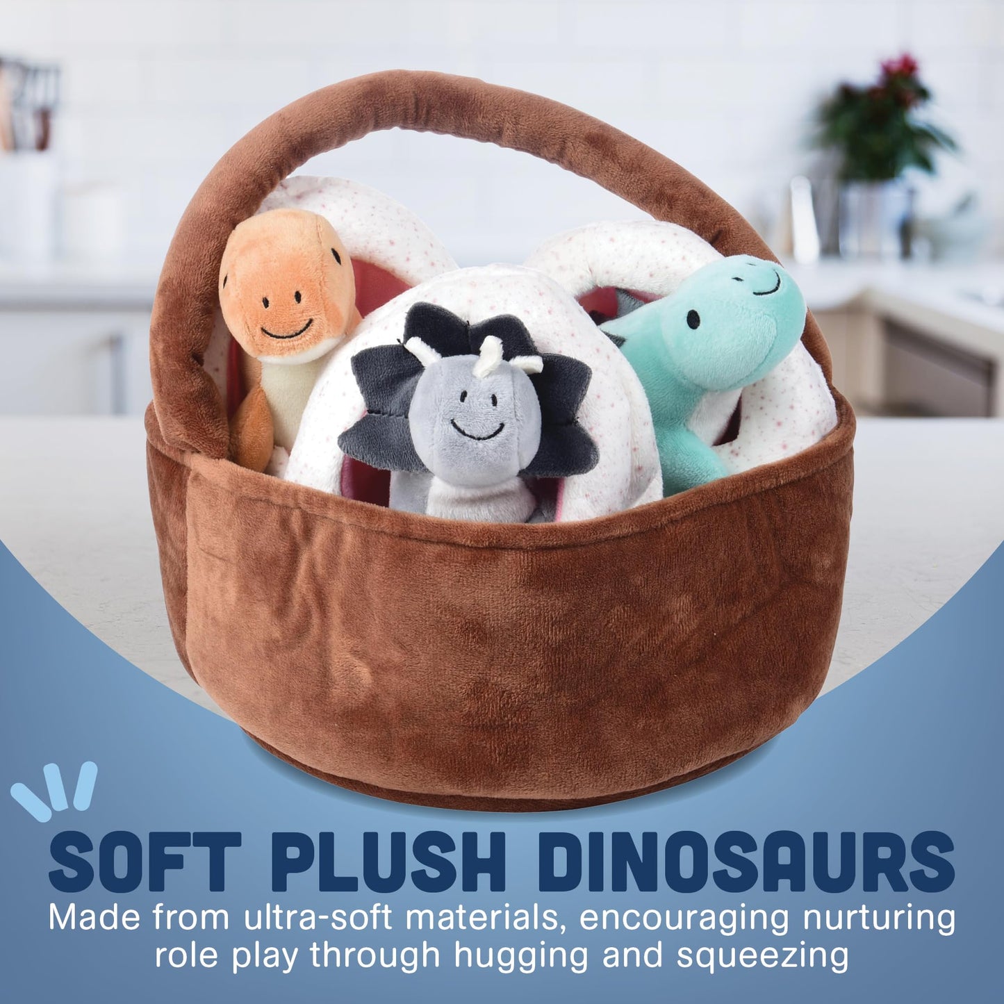 Cre8tive Minds Basket of Baby Dinosaur Plush Dolls, Super Soft Dinosaur Plushy Set, 7-Piece Toddler Toys for All Ages, Includes 3 Dinos, Dino Eggs