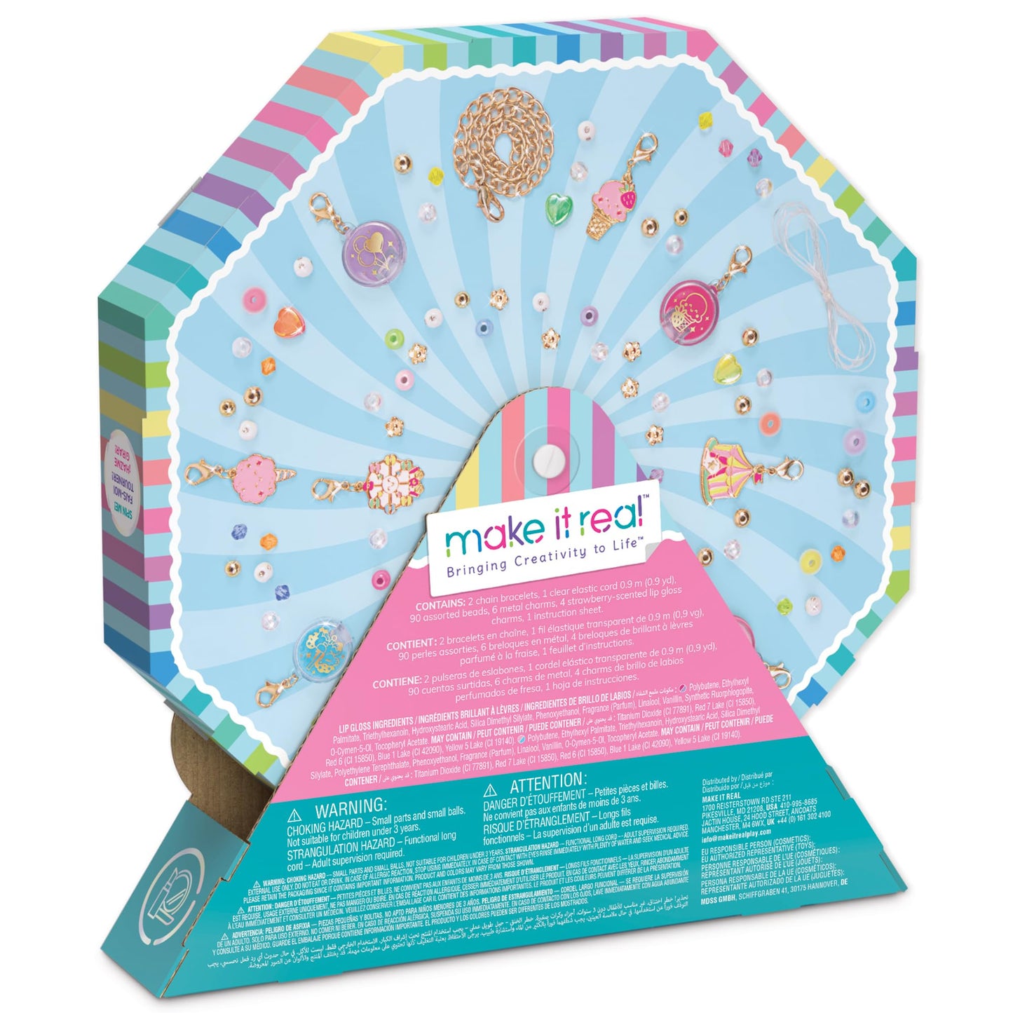 Make It Real: Sweet Spin Carnival Lip Gloss Bracelets - 104pc, DIY Jewelry Craft Kit, Design 5 Charm Chain Bracelets, Strawberry-Scented Gloss, Kid 8+