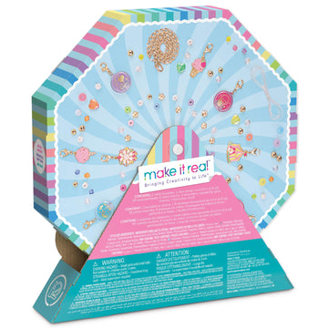 Make It Real: Sweet Spin Carnival Lip Gloss Bracelets - 104pc, DIY Jewelry Craft Kit, Design 5 Charm Chain Bracelets, Strawberry-Scented Gloss, Kid 8+