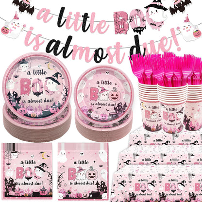 Yavxzvbw 147Pcs A Little Boo Is Almost Due Decorations Little Boo Baby Shower Decorations Girl Halloween Tableware Halloween Plates and Napkins