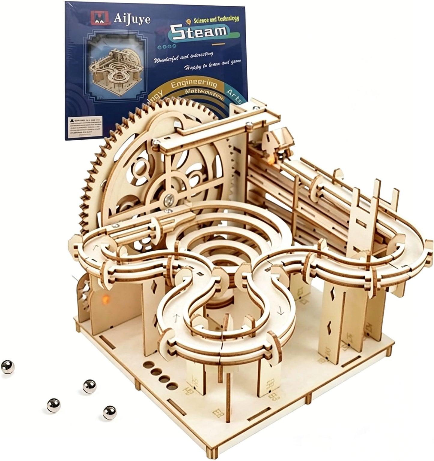 3D Wooden Puzzles for Adults Marble Run Kit - 159pc 4 Steel Marbles Build Mechanical Maze Model STEM Toys for Teens Adults, 4hr Challenge, No Glue