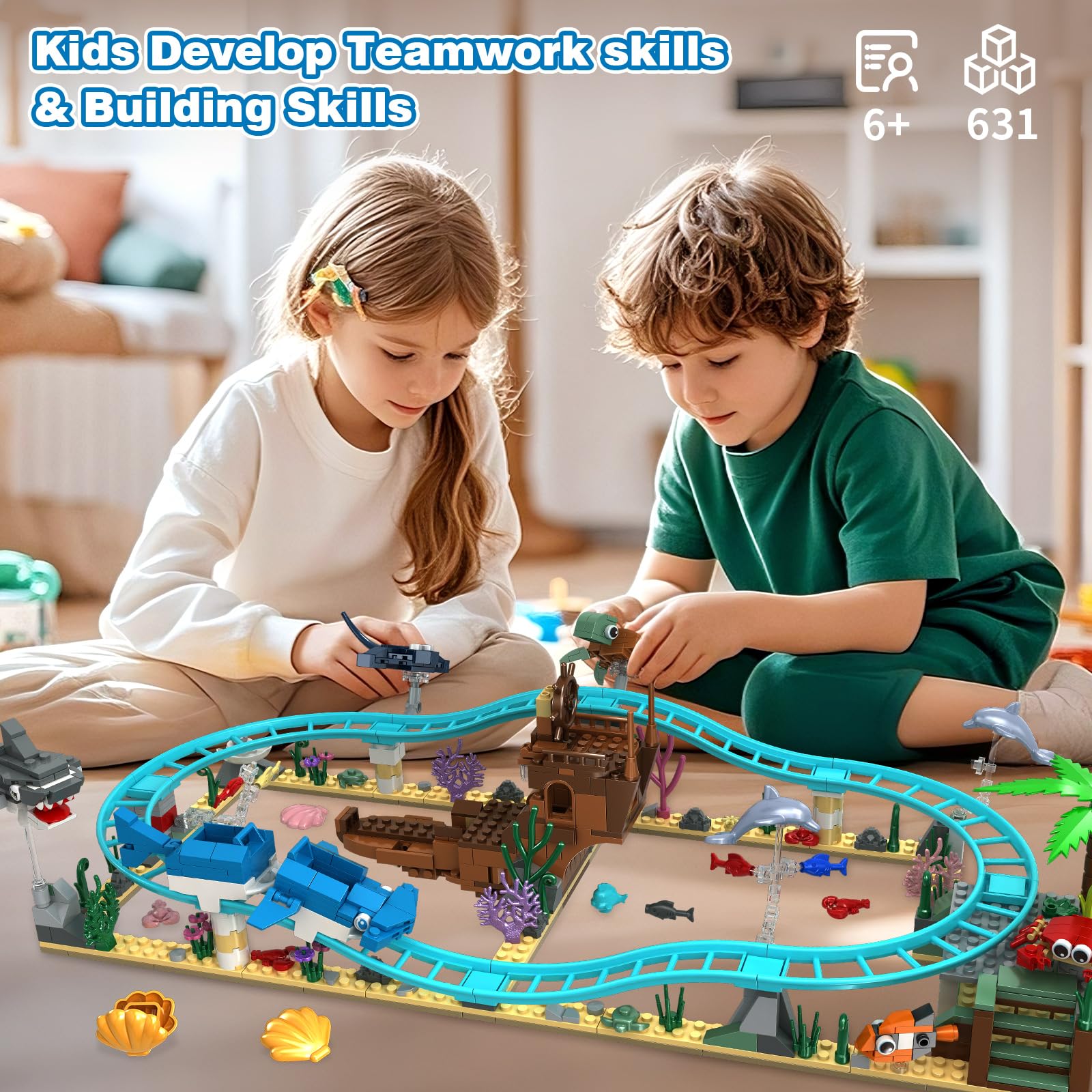 Roller Coaster Set, Ocean Roller Coaster Building Toy Set Explorer Ship, Deep Sea Boat Creatures, Sea Animal Toys Gifts for 6+ Year Old