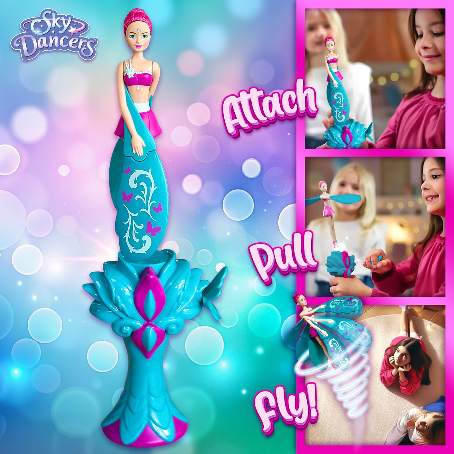 Sky Dancers Turquoise Twinkle - The Original Flying Doll Toy - Pull String Powered, Use Indoors or Outdoors, No Batteries Required, Gift for Kids 6+