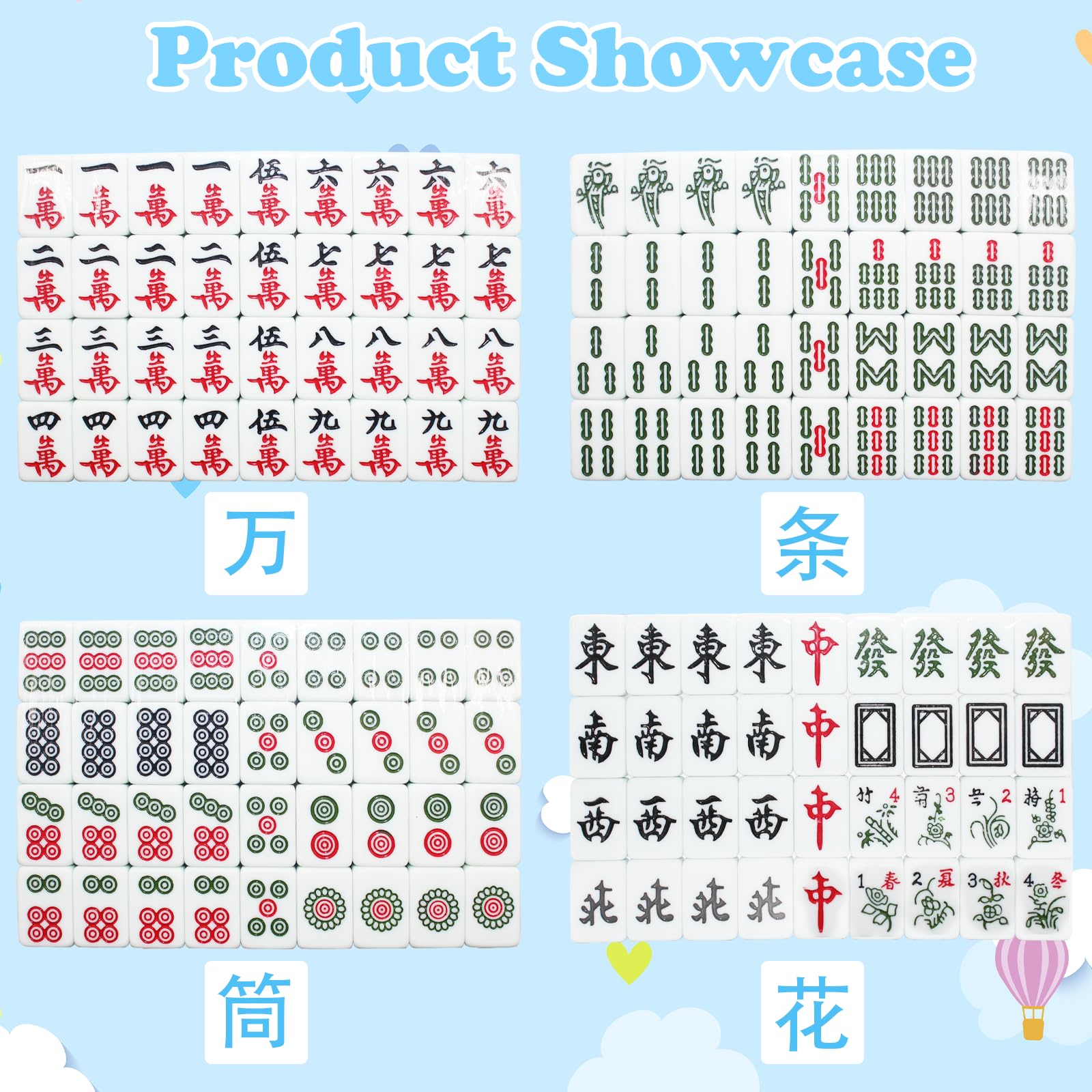 American Mahjong Game Set,Mahjong Set,Complete Mahjong Tile Set with 144 White Tiles (1.2’’),4 Tile rulers,4 dice,1 Bag,100 Chips,Instruction