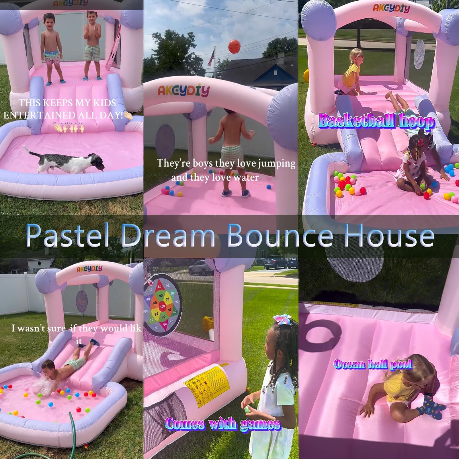 AKEYDIY Pastel Dream Bounce House for Kids 3-10, 161x82x63 inch Water Bounce House w/Slide,Ball Pit/Pool, Pink Bounce House UL Blower &50 Plastic