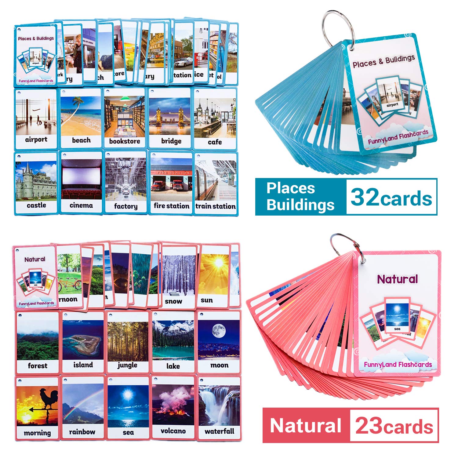 Natural,Places&Building 2 Sets of English Flash Cards Kids Pocket Card Learning Baby Toys for Children Pre-Kindergarten