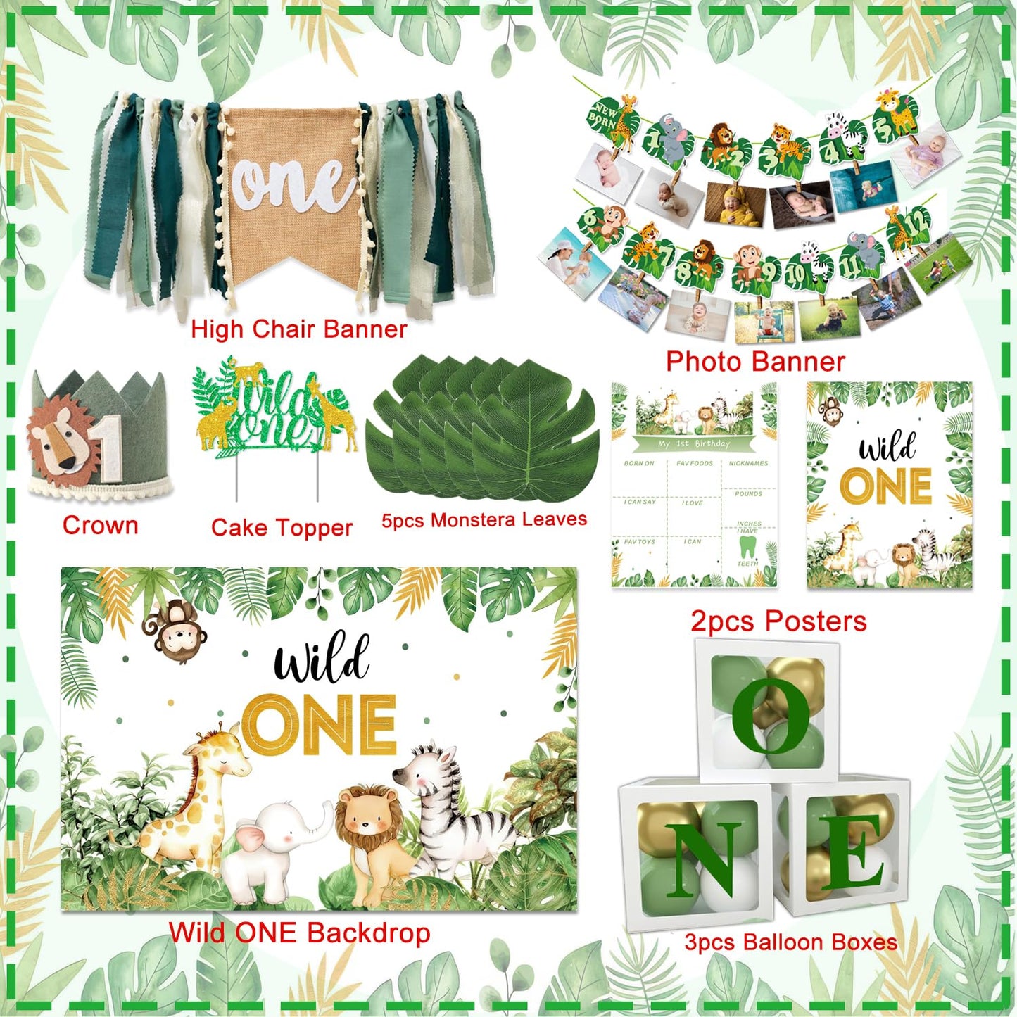 Wild One Birthday Decorations,Jungle Safari Animal Theme First Birthday Decorations Baby Shower Party Supplies for Boy Girl Photo Banner, Balloon Box