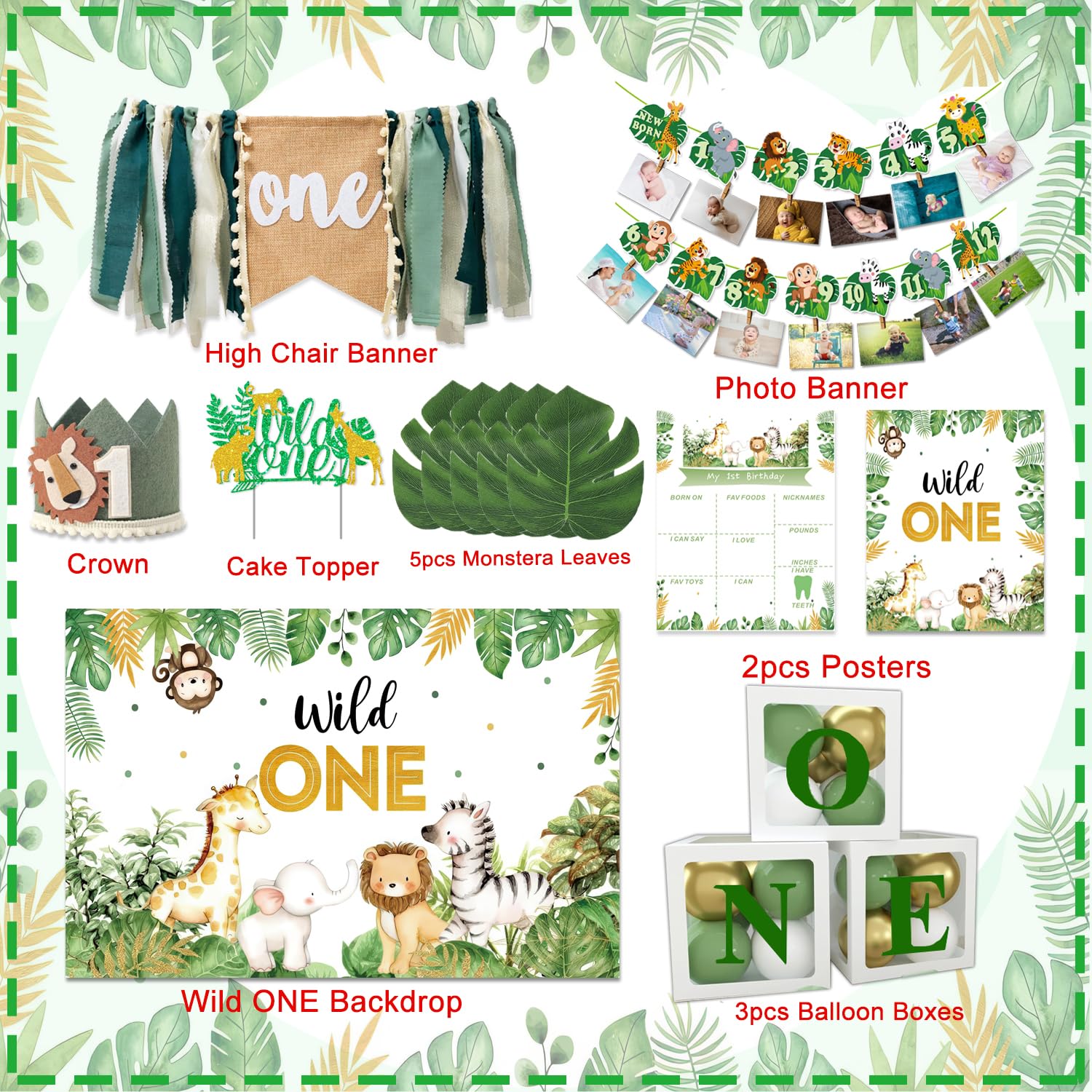 Wild One Birthday Decorations,Jungle Safari Animal Theme First Birthday Decorations Baby Shower Party Supplies for Boy Girl Photo Banner, Balloon Box