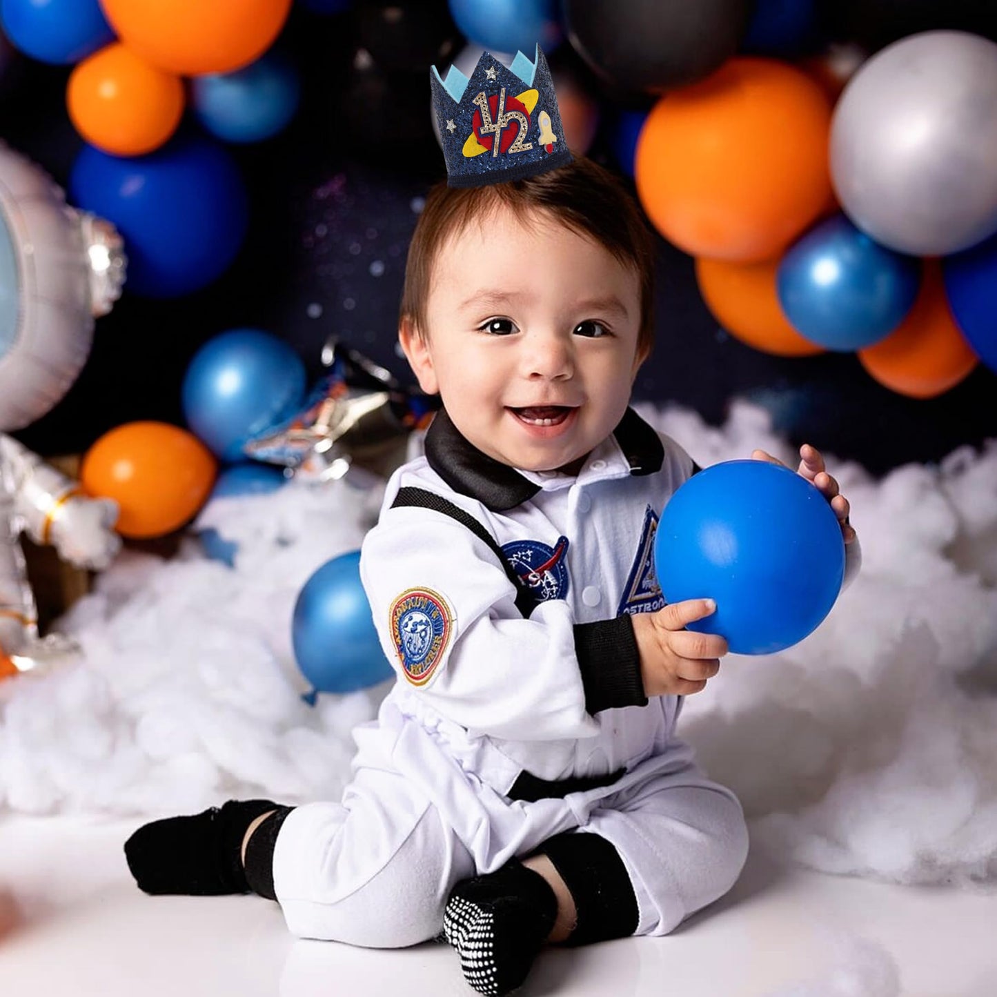 LINGANA Outer Space 1/2 Birthday Crown - Planet Half Way to One Birthday Decorations,Dark Blue Glitter Space Party Crown,Little Astronaut 6 Month