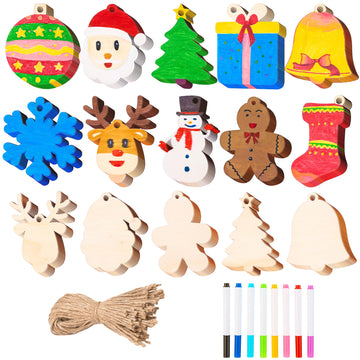 JOYIN 100 Pcs Christmas Wooden Ornaments Crafts to Paint, Unfinished Wood Painting Kits with 8 Watercolor Pens for Kids, Make Your Own DIY Hanging