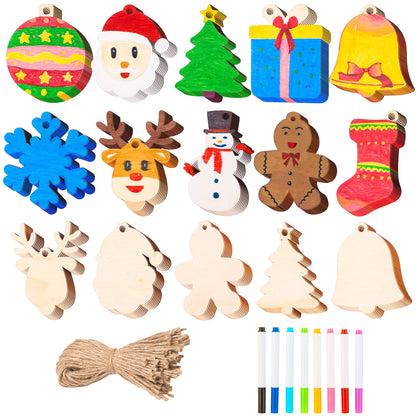 JOYIN 100 Pcs Christmas Wooden Ornaments Crafts to Paint, Unfinished Wood Painting Kits with 8 Watercolor Pens for Kids, Make Your Own DIY Hanging