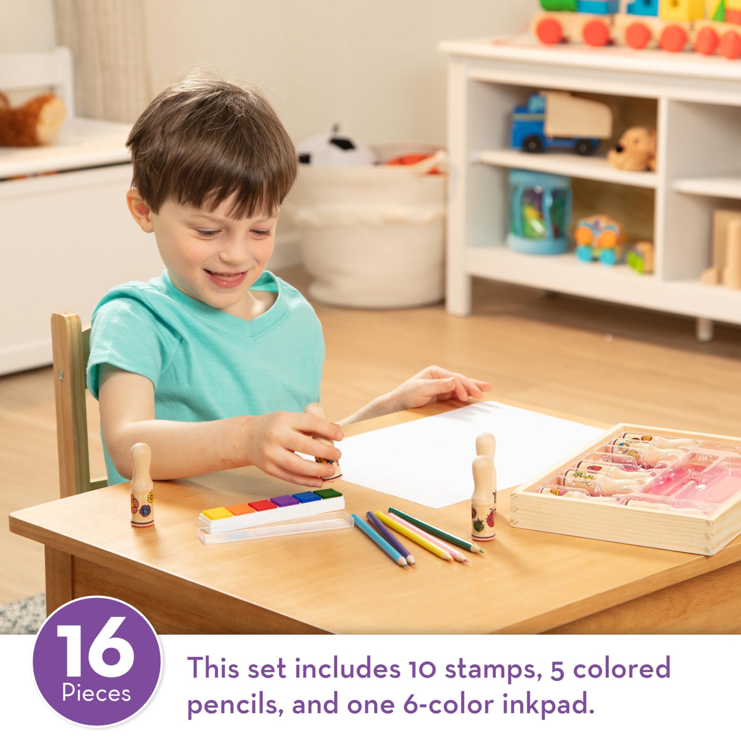 Melissa & Doug Deluxe Happy Handle Stamp Set with 10 Stamps, 5 Colored Pencils, and 6-Color Washable Ink Pad