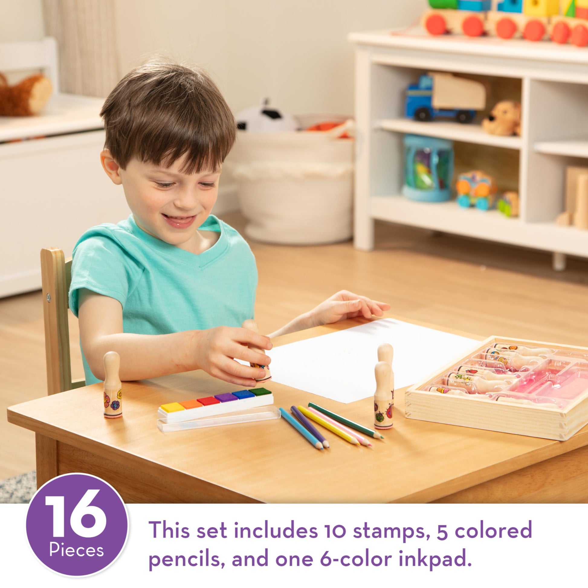 Melissa & Doug Deluxe Happy Handle Stamp Set with 10 Stamps, 5 Colored Pencils, and 6-Color Washable Ink Pad