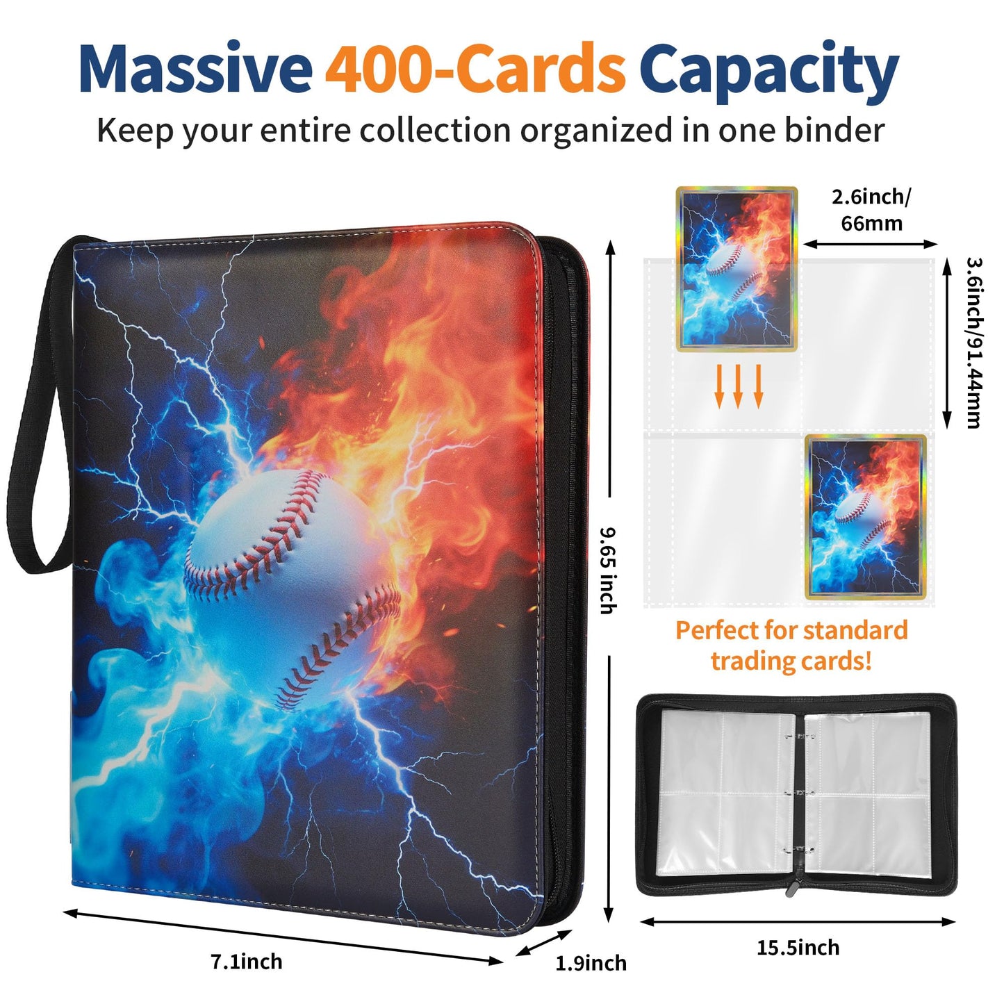 FLAIR GIFTS Baseball 4-Pocket Trading Card Binder with Zipper, Fits 400 Cards; PU Leather Collector Album for Pokemon, Sports Cards, TCG & Kpop