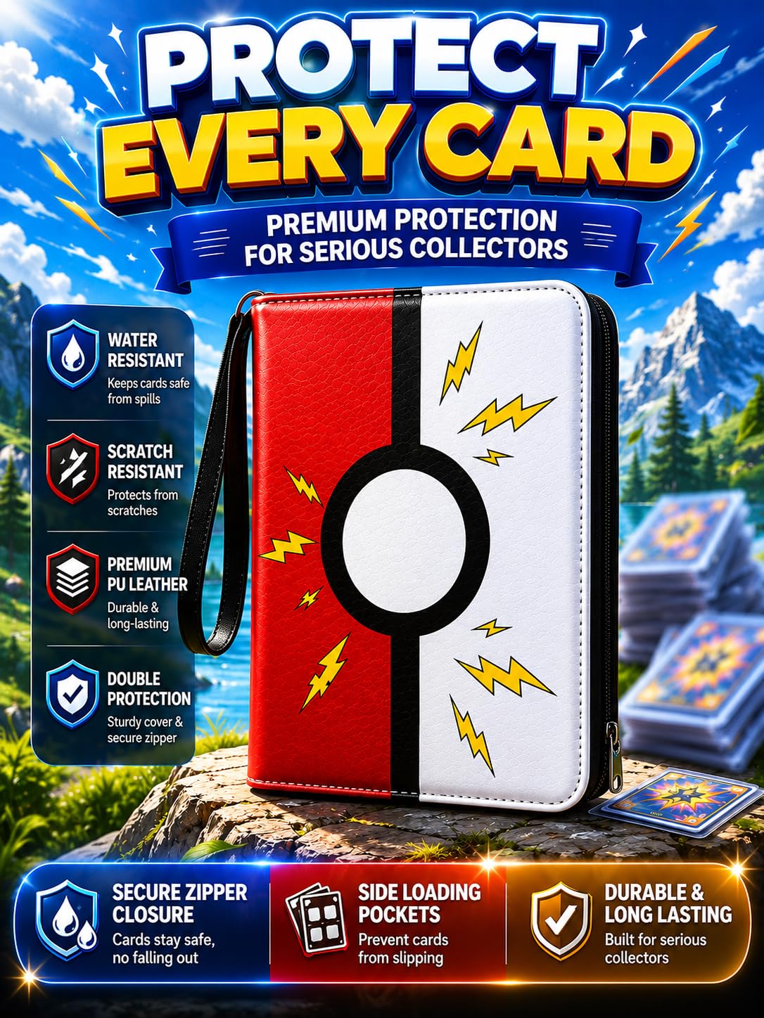 Trading Card Binder for Kids - 400 Cards Capacity Zipper Album with Portable Strap, Double Sided 8 Pocket Pages for MTG Yu-Gi-Oh Baseball Card