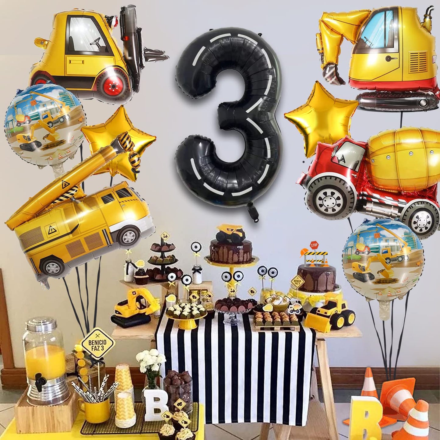 Construction Truck Balloons for Boys 3rd Birthday Party Supplies - Tractor Themed Decorations and Favors