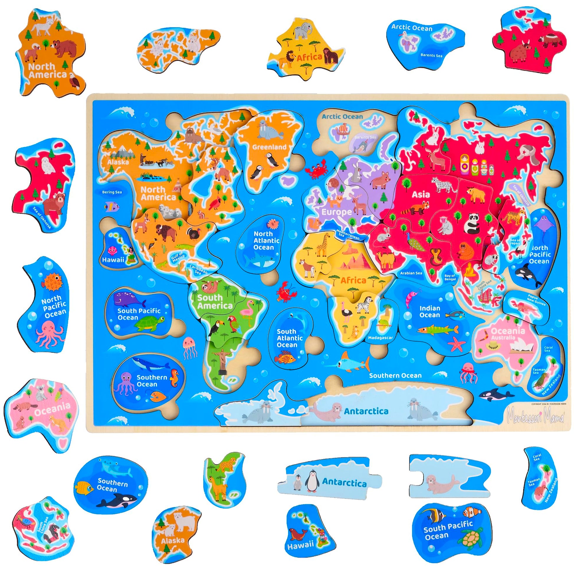 Montessori Mama World Map Wooden Puzzle, Continents and Oceans Puzzles for Kids Ages 4-6. Perfect Educational Toys for 4 Year Old Including Global