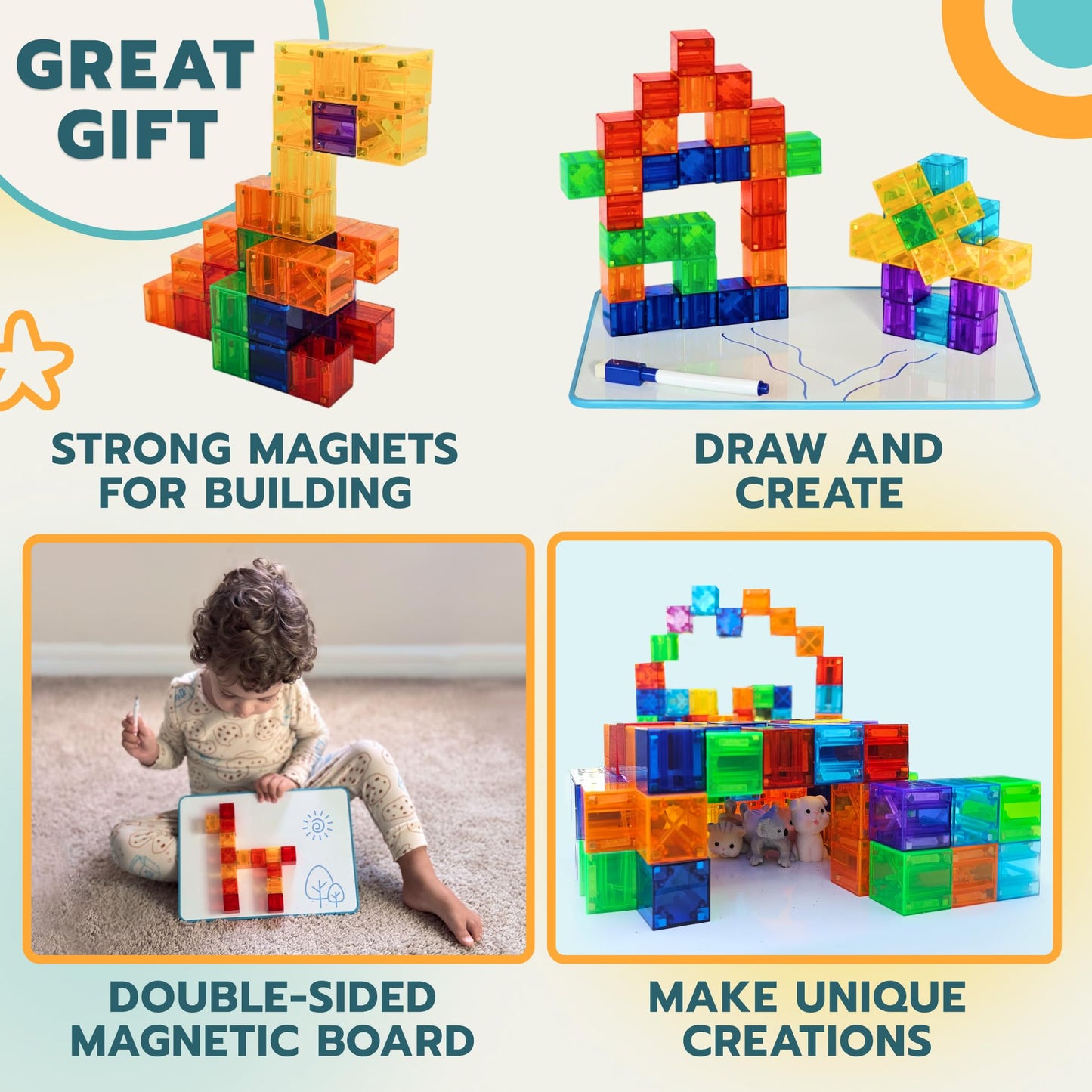 OLEZAR 48pcs Magnetic Transparent Blocks, 1inch, 2-in-1 STEM Set with Board, Marker & Book, Educational Building Toy for Kids 3-5, Learning Building