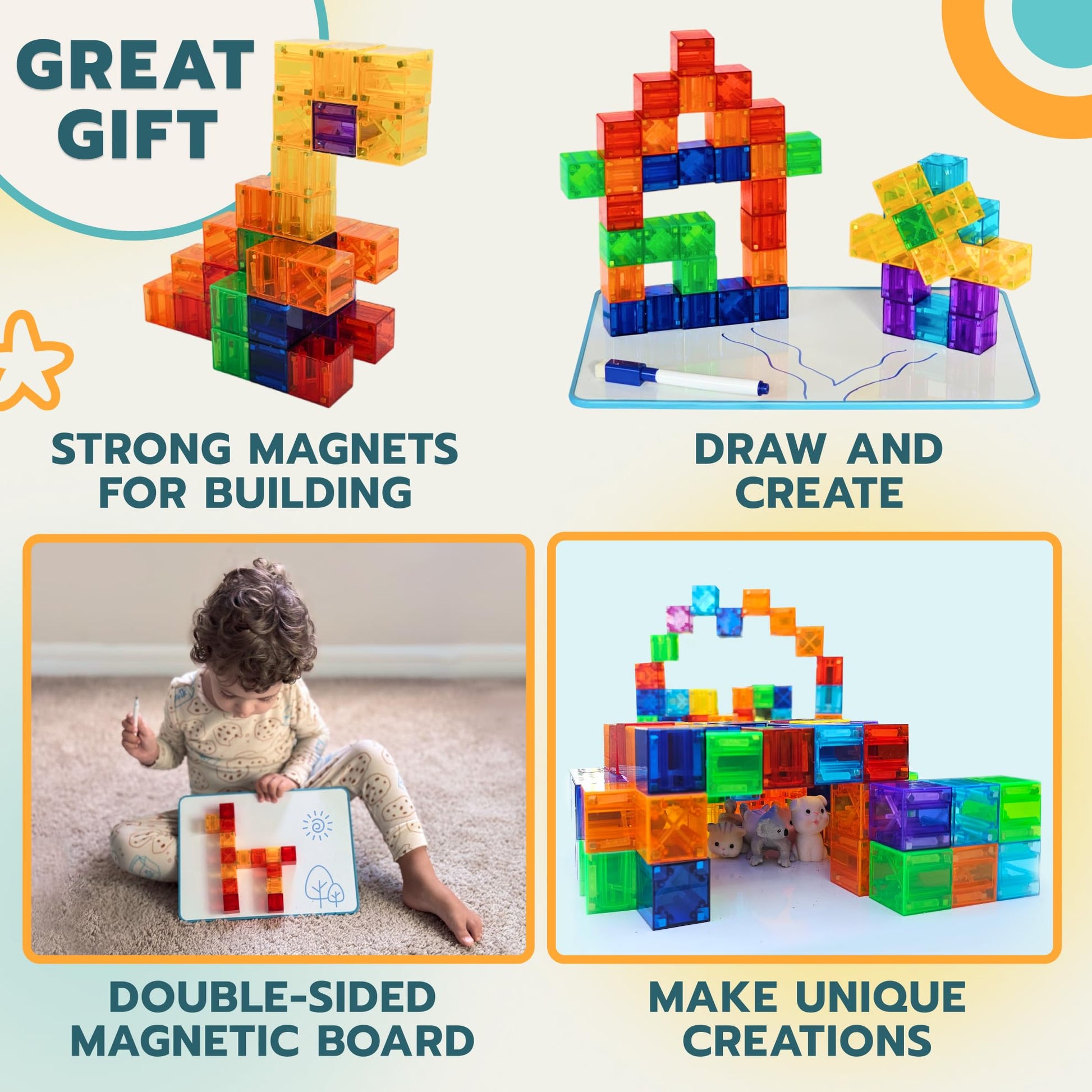 OLEZAR 48pcs Magnetic Transparent Blocks, 1inch, 2-in-1 STEM Set with Board, Marker & Book, Educational Building Toy for Kids 3-5, Learning Building