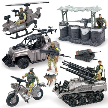 MISTBUY Military Vehicles Toys Playset with Army Men Action Figures, Helicopter, Armored Vehicle, Truck, Motorcycle, Tent and Dog for Pretend Play