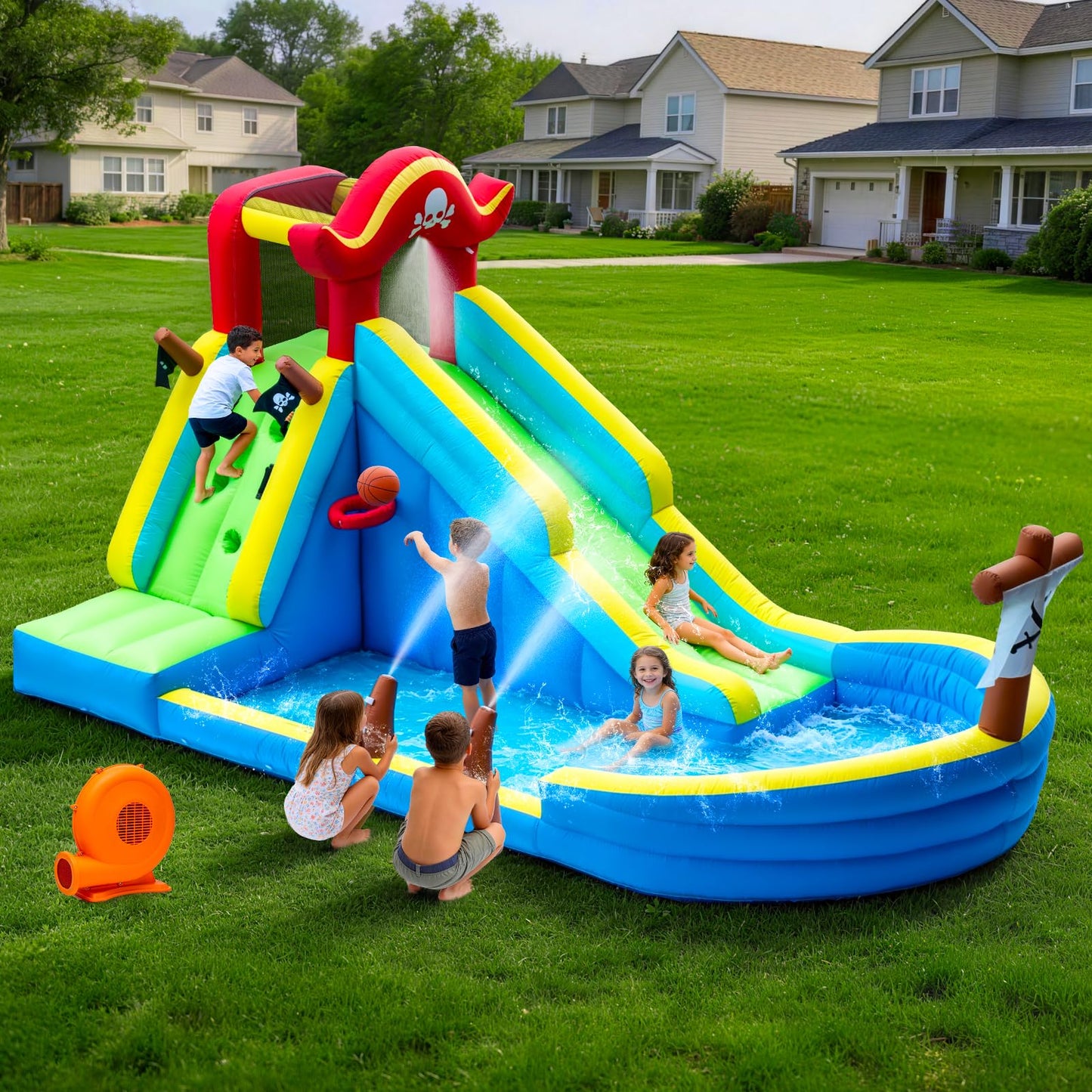 Inflatable Water Slide for Kids, 6 in 1 Inflatable Water Park with Blower, Climbing Wall, Water Gun, Splash Pool, Basketball Hoop, Blow Up Water Slide