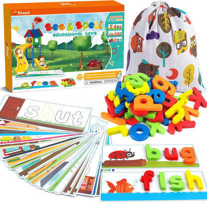 KMUYSL Learning Toys for 3 4 5 6 Years Old Boys and Girls - See & Spell CVC Word Builders with Alphabet Cards for Kids, Preschool Learning Activities