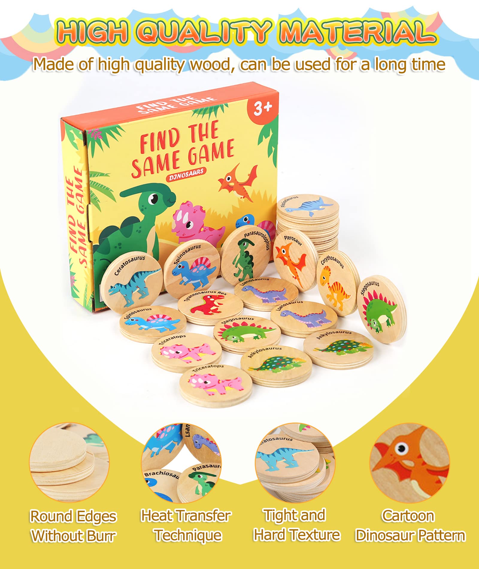 Protado Wooden Memory Game for Kids, 24 Dinosaur Matching Cards