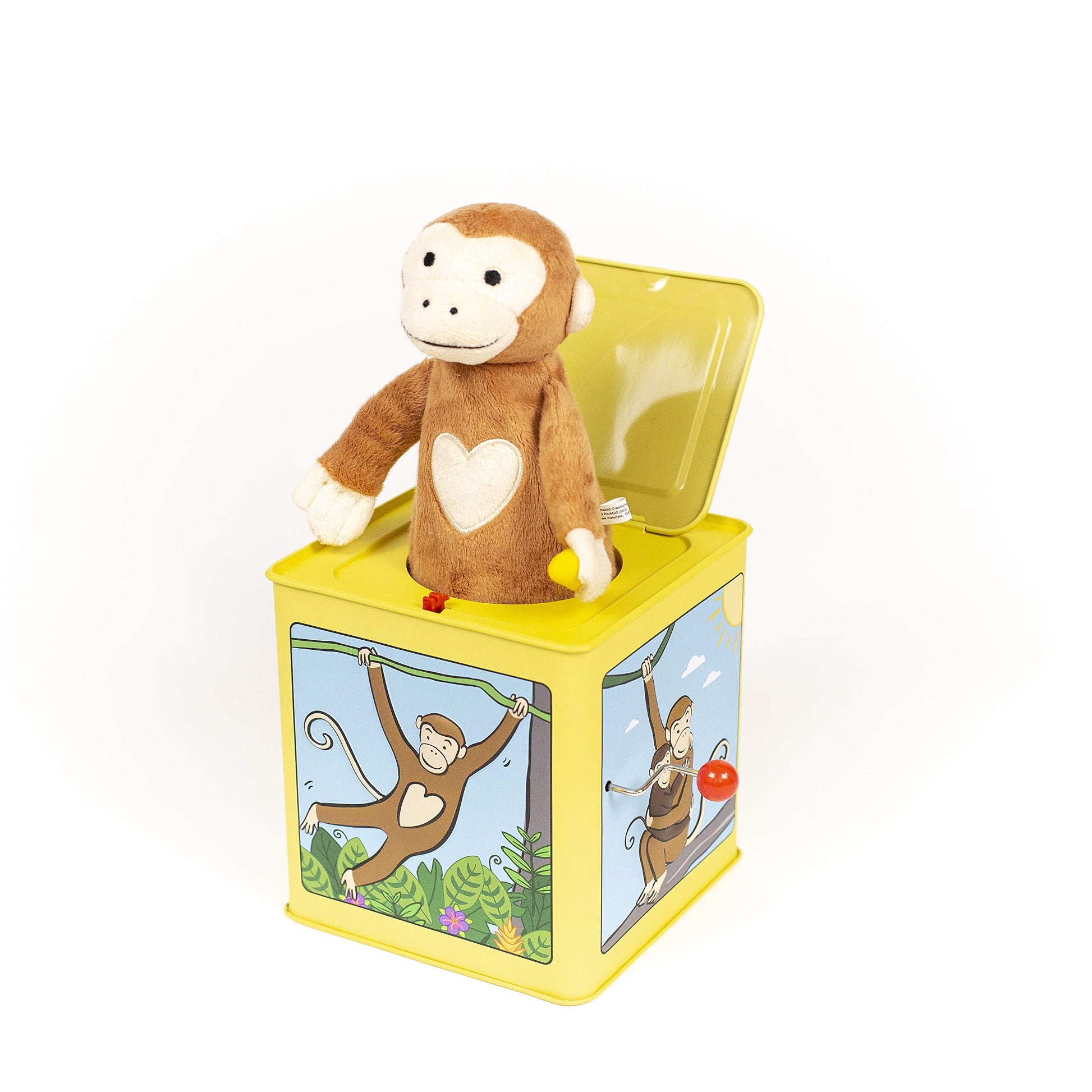 Jack Rabbit Creations Monkey Jack in the Box, Plush Surprise, Side Crank Plays Pop Goes the Weasel, Classic Tin Toy for Kids Ages 3+