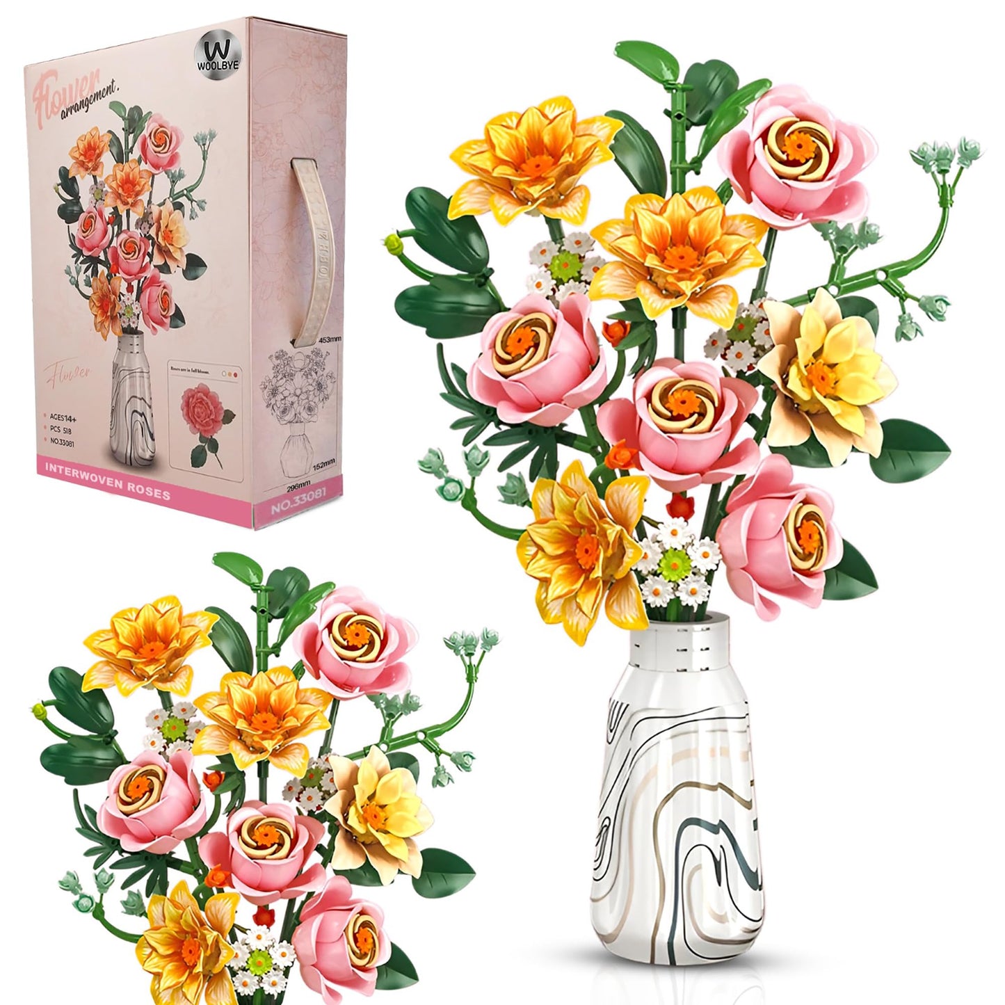 Woolbye Flowers Building Set Interwoven Roses Bouquet botanicals Collection Unique Home Décor or Office Décor Great Gift for Her and Him (VASE
