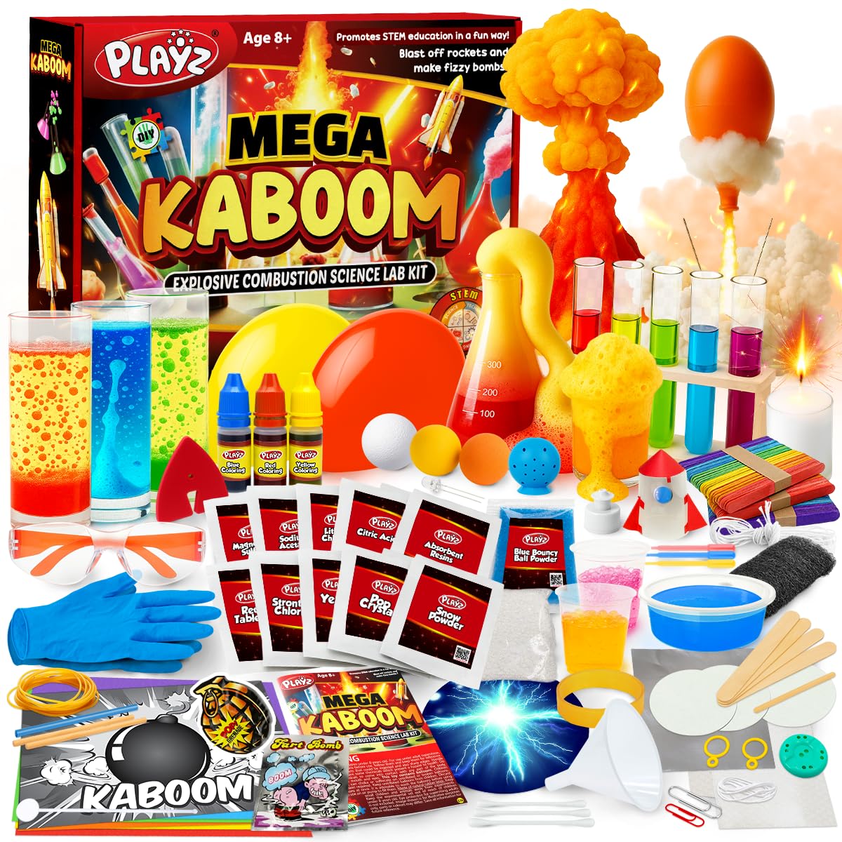 Playz Mega Kaboom! 150+ Explosive Science Experiments Kit for Kids Age 8-12 with 75 App & Video Guided Experiments - Chemistry Set STEM & Educational