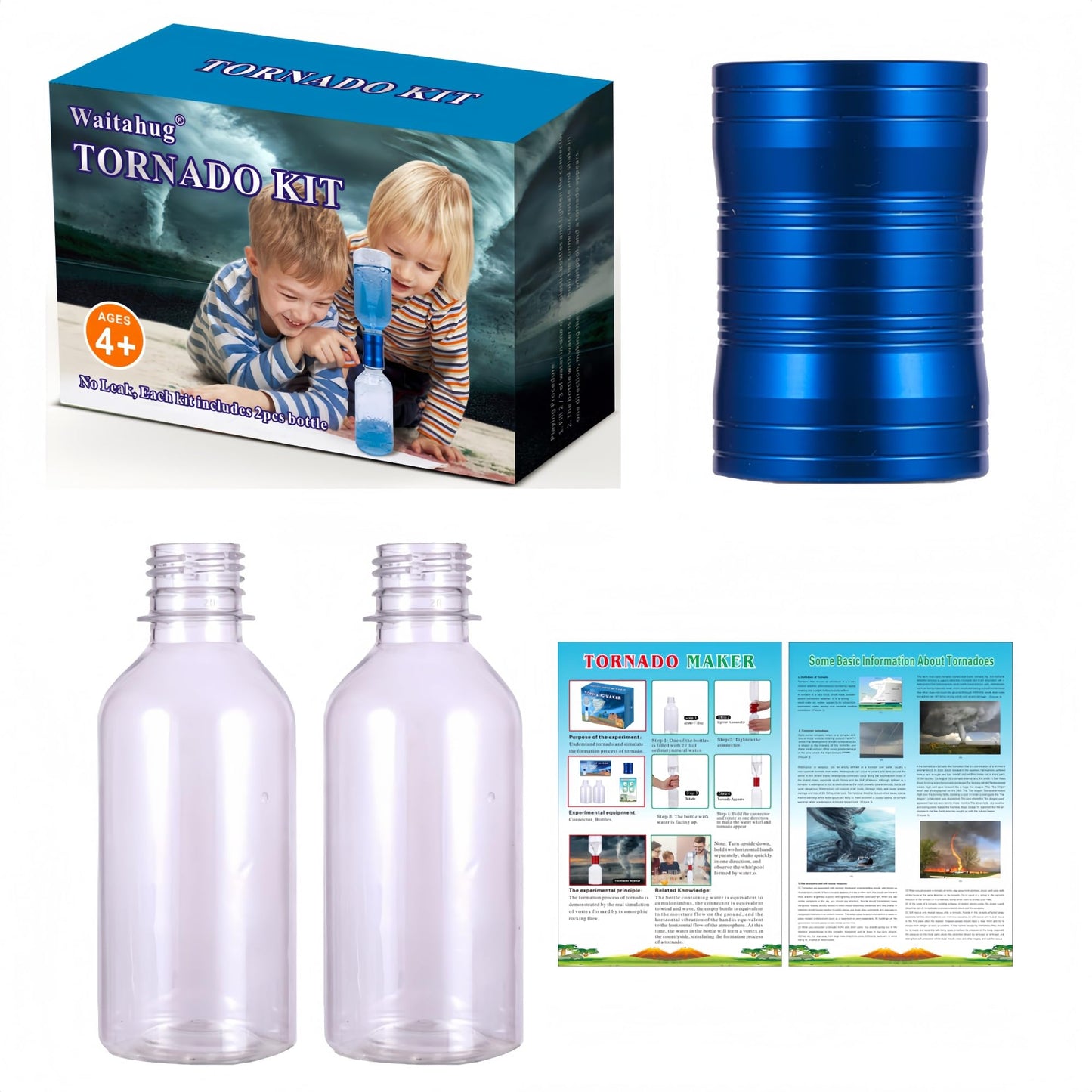 Waitahug Tornado Maker, Bottle to Bottle Transfer Connectors, 2pc Clear Bottles, No Leak, Tornados Toys for Kids, Weather Science Experiment Toy