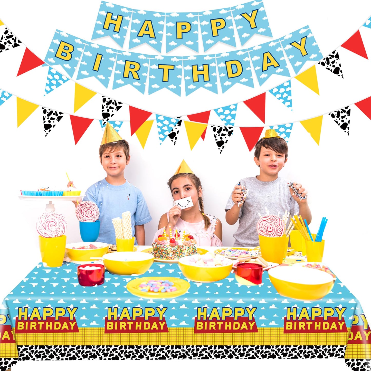 Cartoon Story Party Decorations Happy Birthday Banner Tablecloth