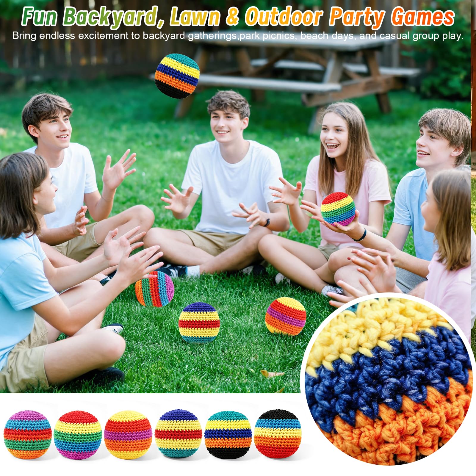 6 Pack Crocheted Footbags Handmade Knitted Balls for Tossing & Kicking Adults and Beginners Vibrant Sports Design for Indoor & Outdoor Play, Party