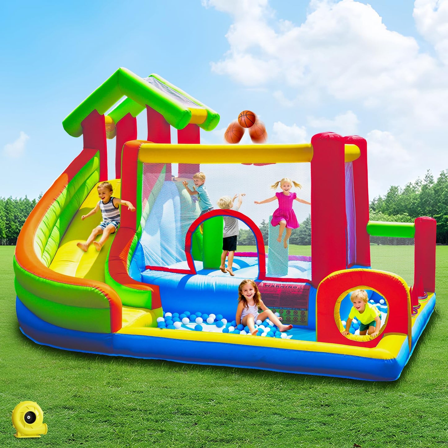 Mega Bounce House with Slide | 7-in-1 Inflatable Playground for Kids 3-10 | Giant Jump Area, Ball Pit, Basketball Hoop | Commercial-Grade Blower